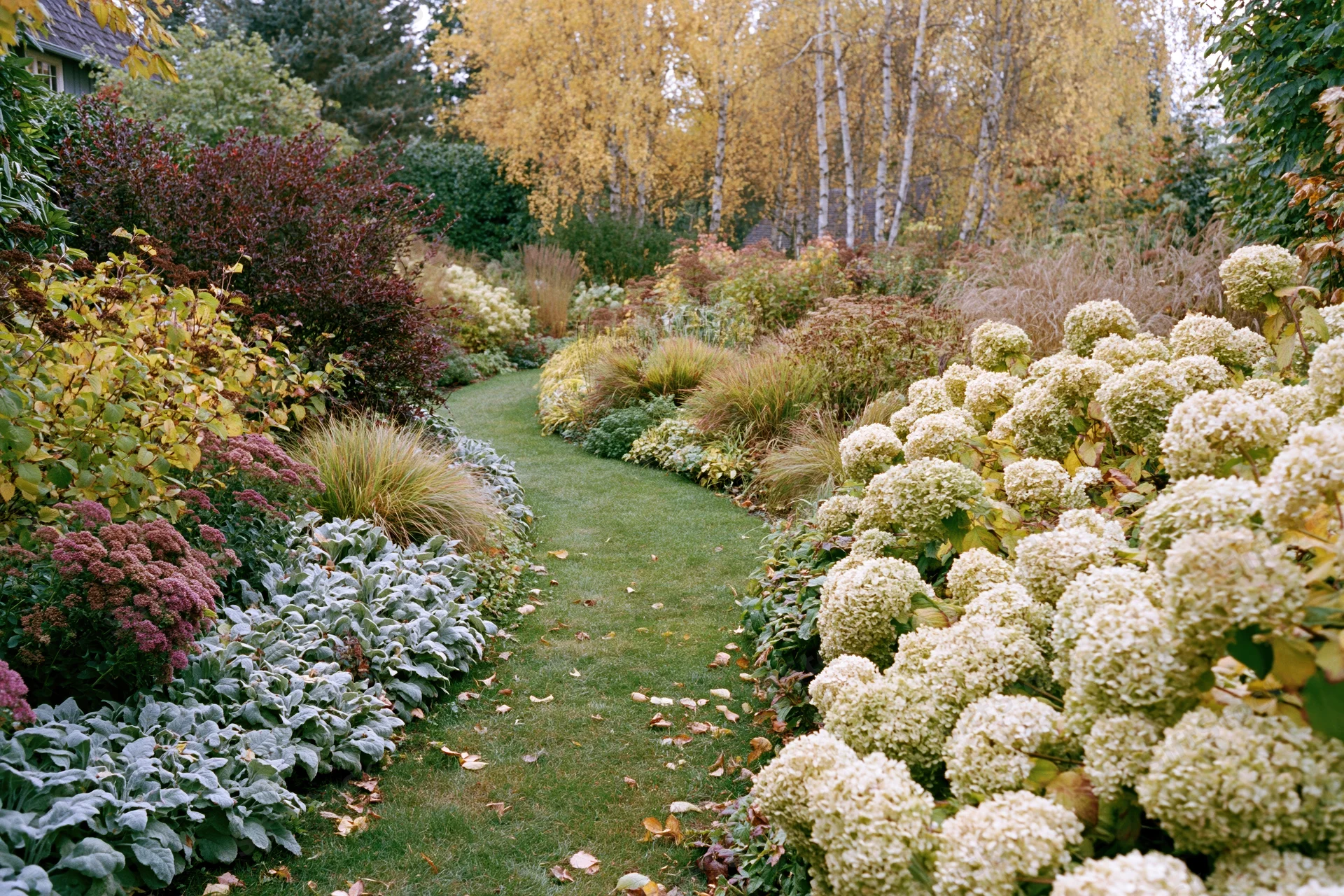 Curving grass path through autumn garden bordered by hydrangeas and colorful foliage