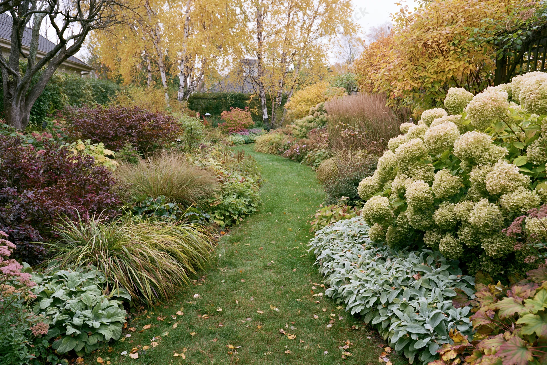 Curving grass path through autumn garden bordered by colorful shrubs and trees