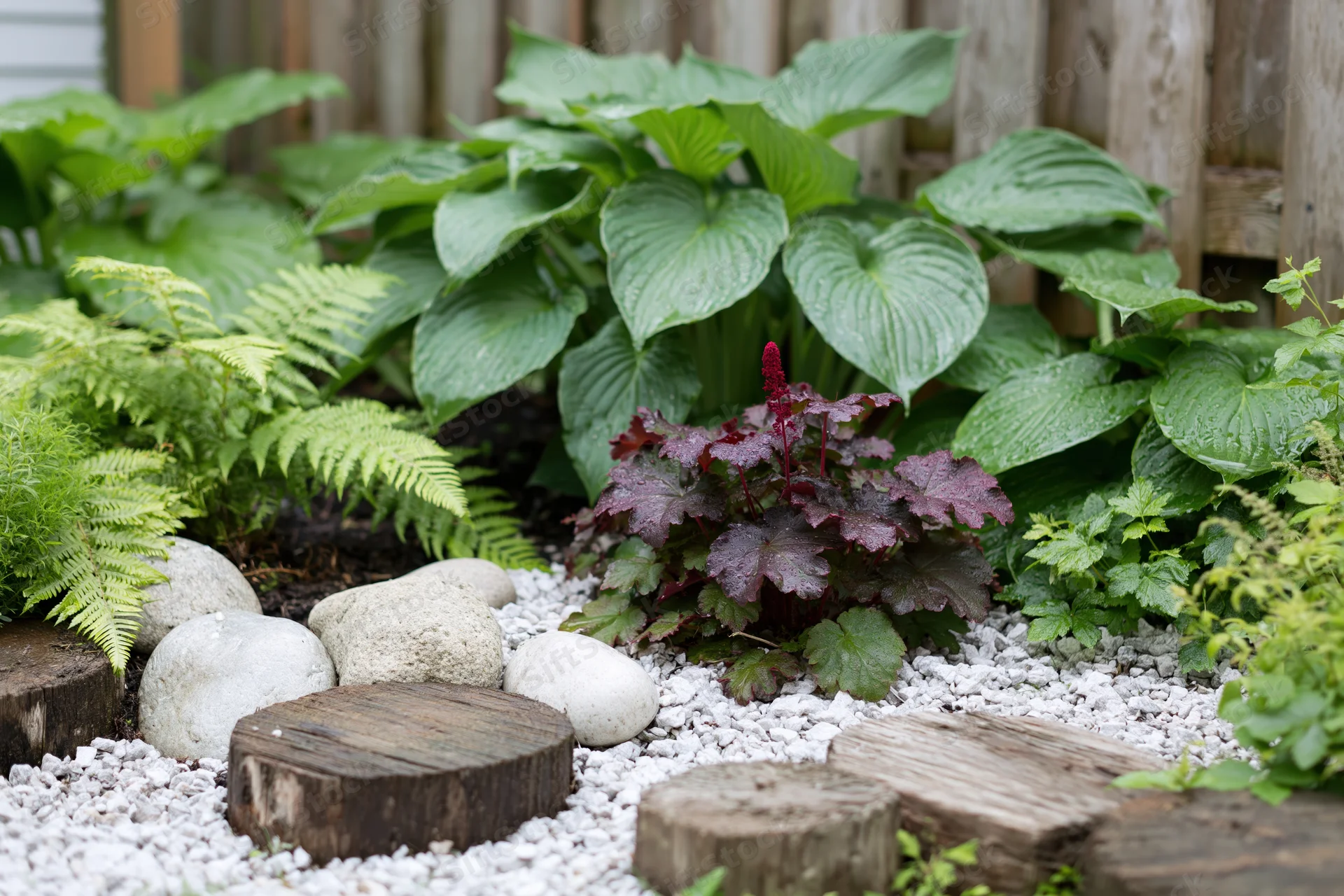 Shaded garden bed with hostas and ferns among white gravel and wood stumps