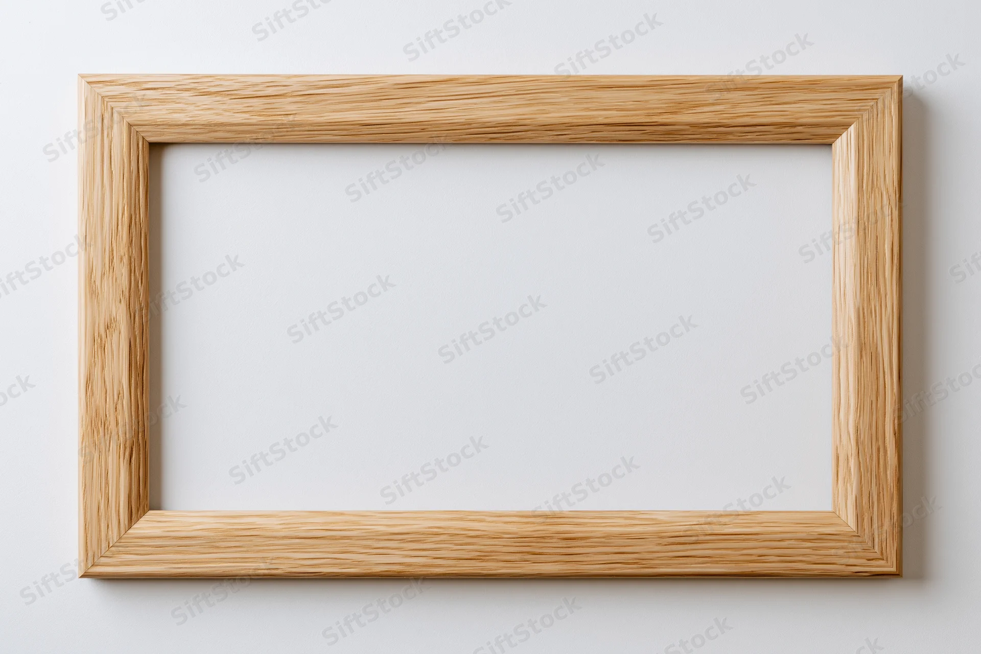 Light oak wooden picture frame hanging on white wall with empty center for display