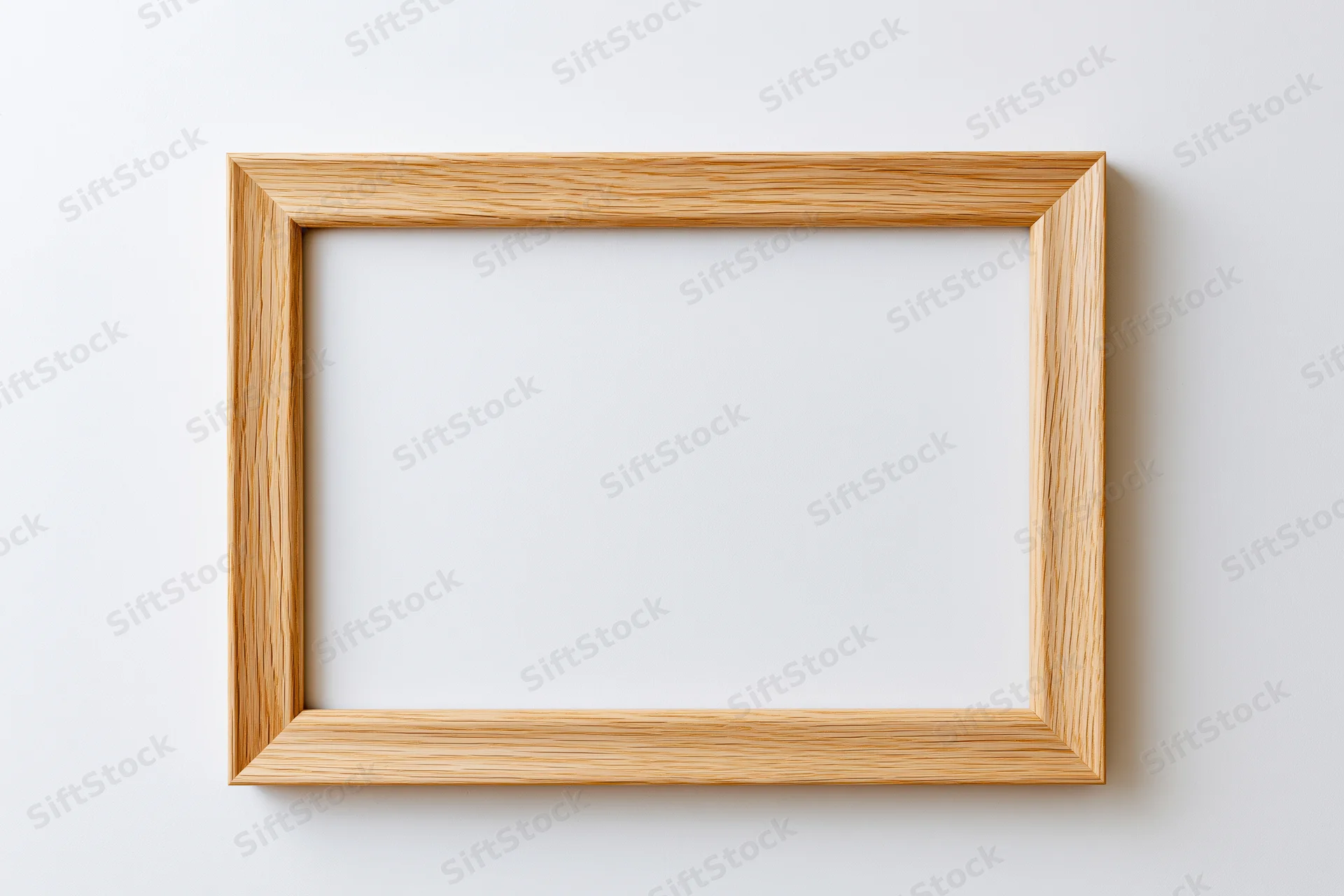 Light oak wooden picture frame hanging on a white wall with empty center for display