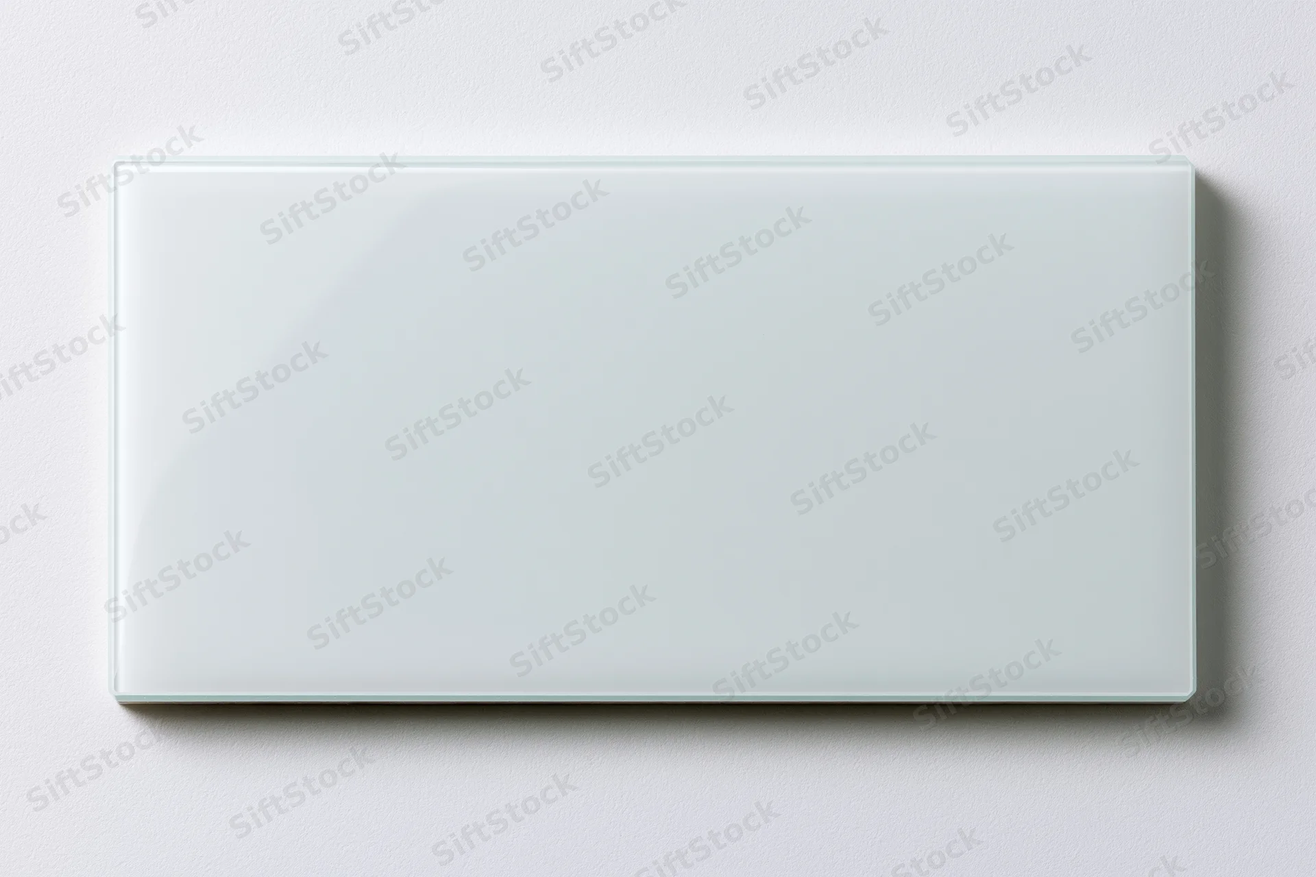Blank white rectangular glass tile mounted on a plain wall surface
