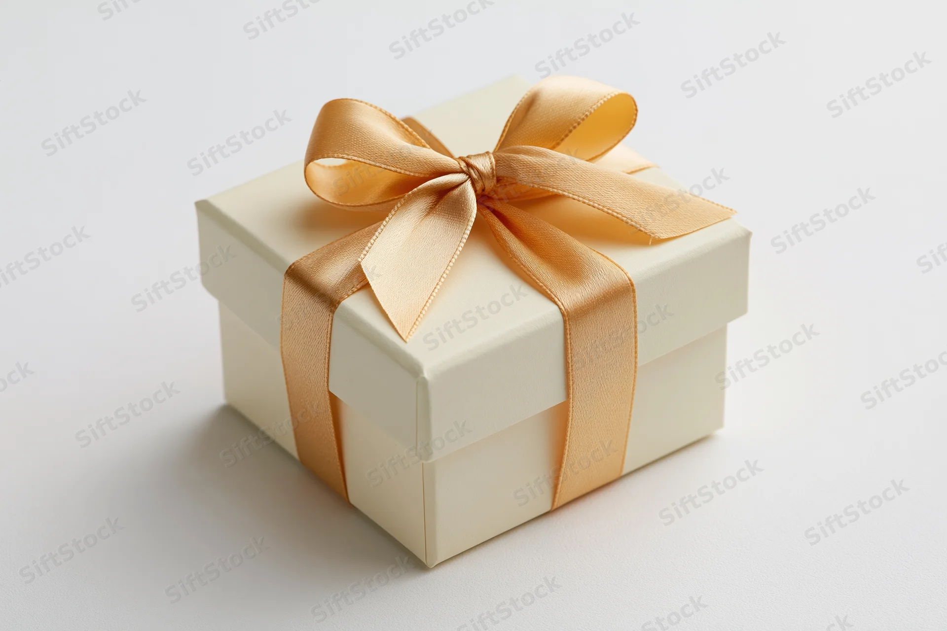 Cream gift box with gold satin ribbon bow on white background