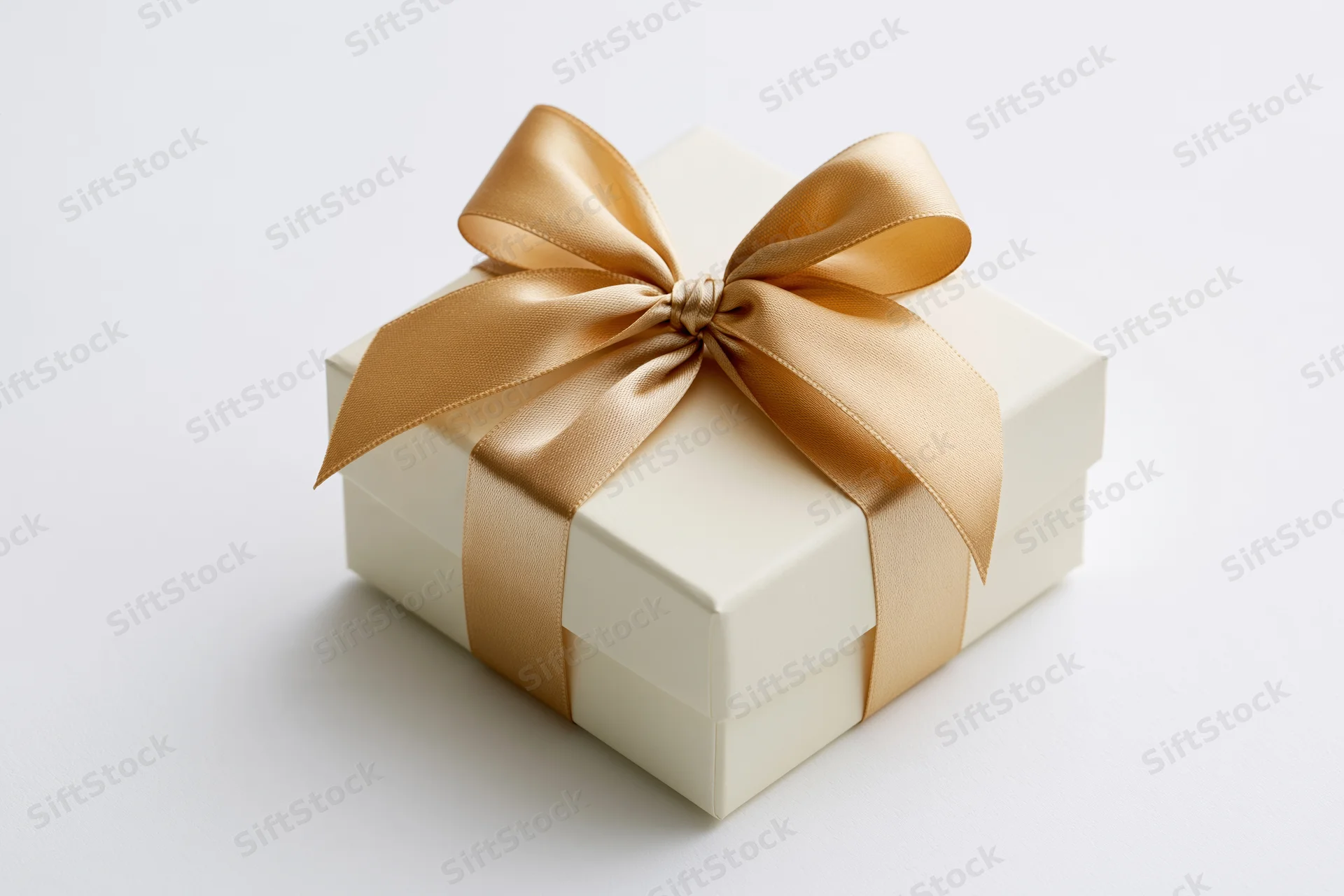 Cream gift box with gold satin ribbon bow on white background