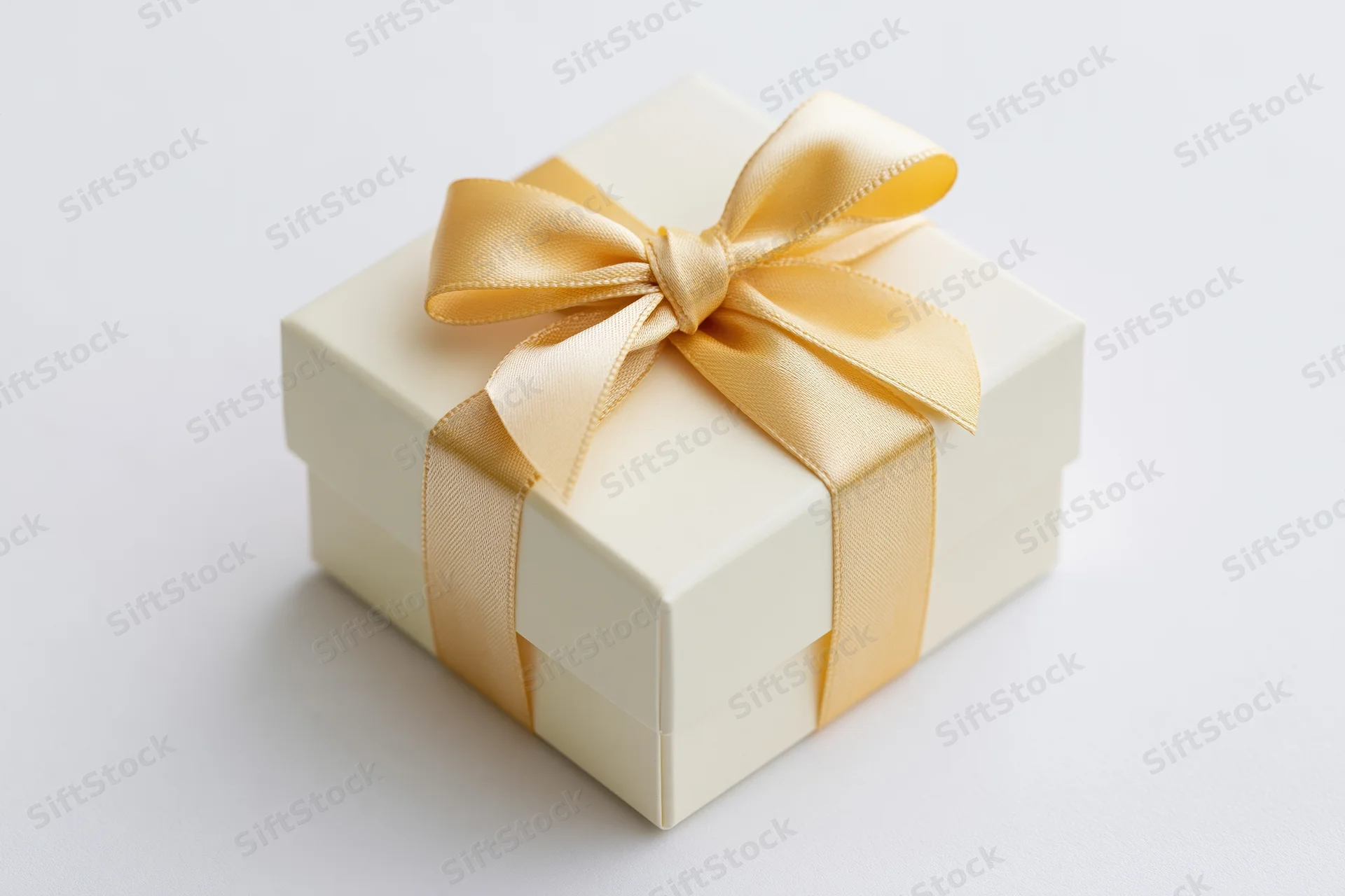 Cream gift box tied with gold satin ribbon on white background