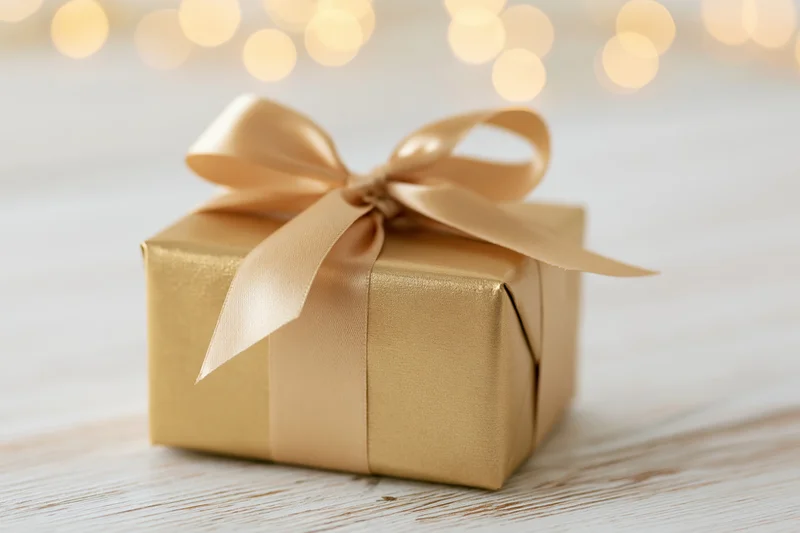 Gold-wrapped gift box with ribbon bow on wooden surface, blurred lights in background