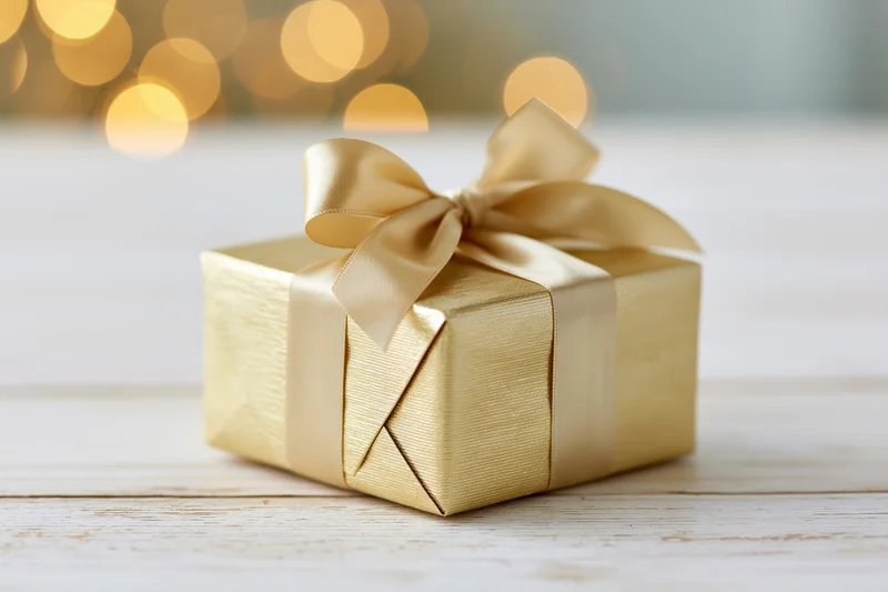 Gold-wrapped gift box with ribbon bow on wooden surface, blurred lights in background