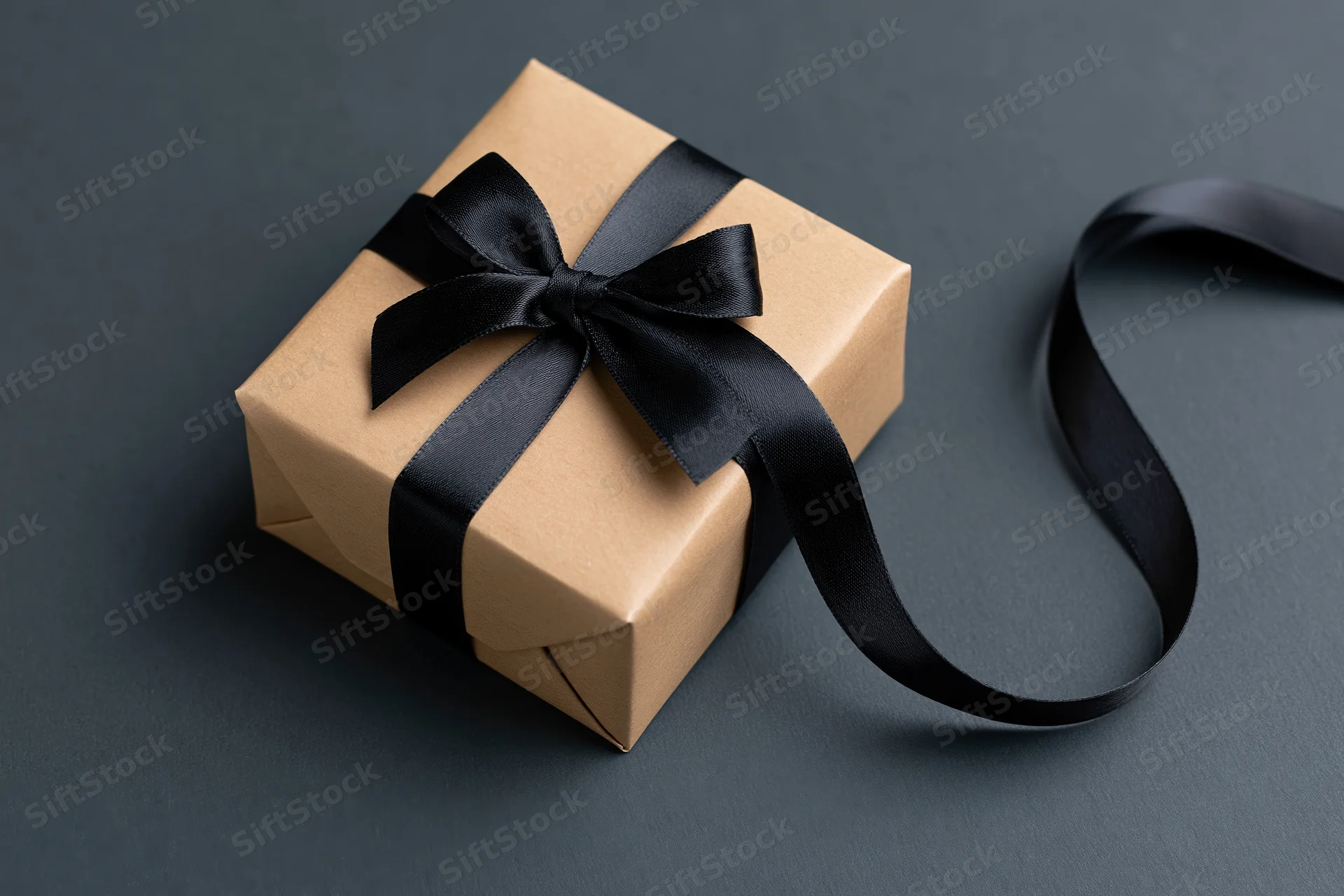 Gift box wrapped in brown kraft paper with black ribbon bow on dark surface