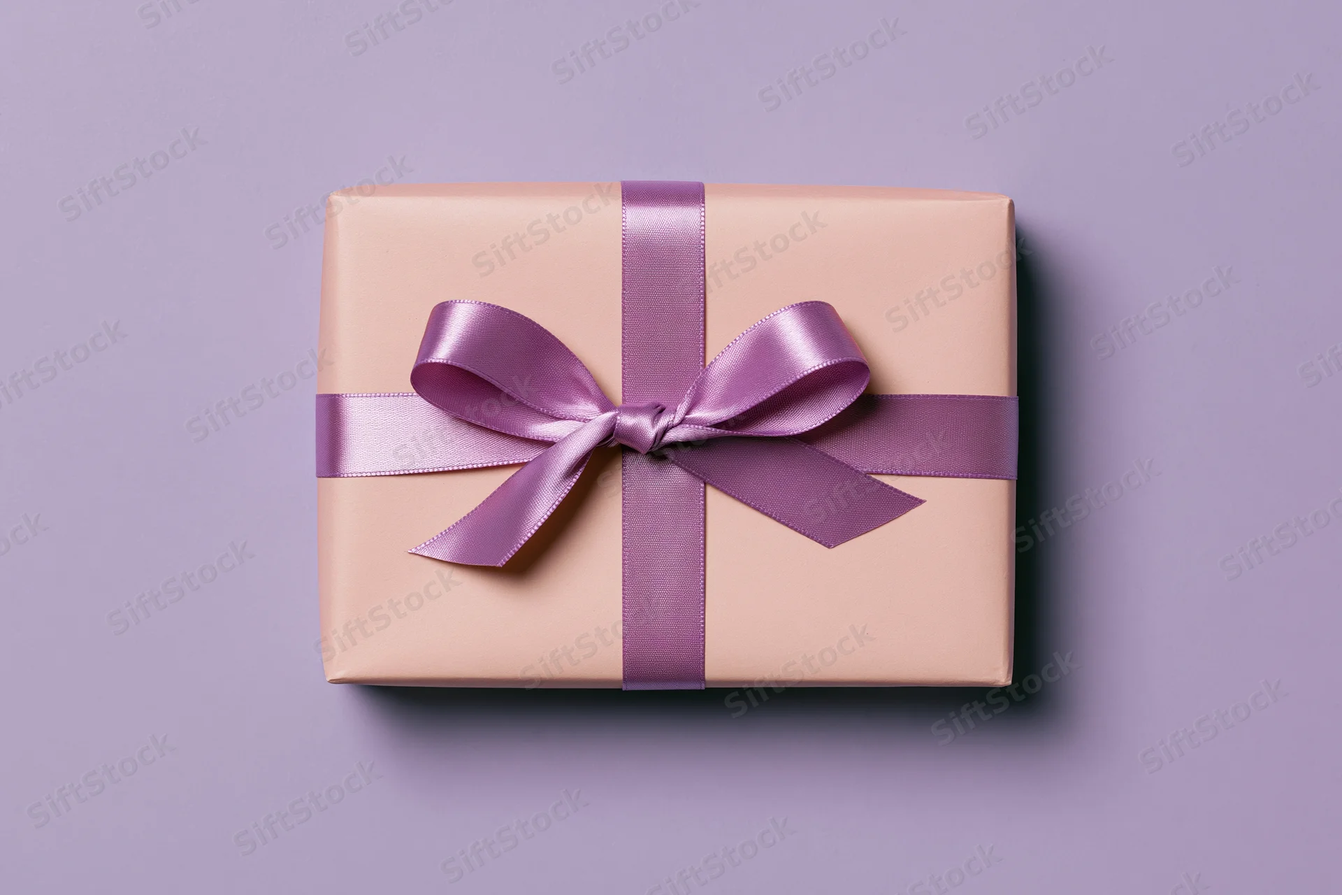 Gift box wrapped in pink paper with purple ribbon bow on purple background