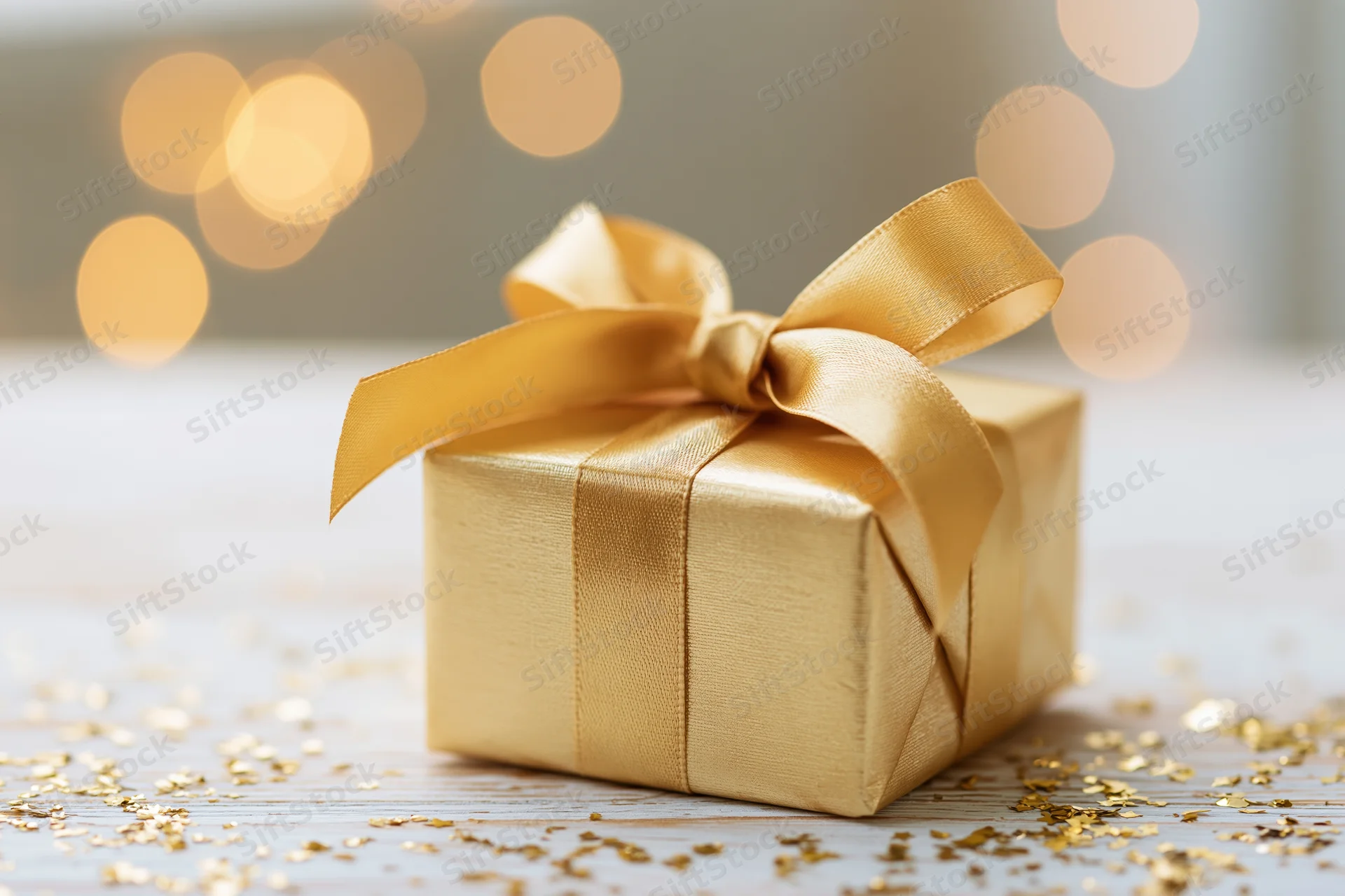 Gold-wrapped gift box with satin ribbon bow on wooden table surrounded by confetti and bokeh lights