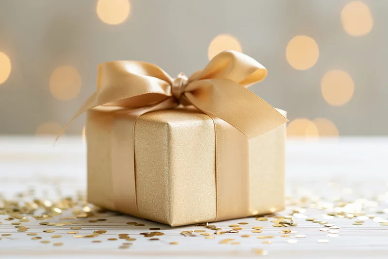 Gold-wrapped gift box with satin ribbon bow on a table scattered with golden confetti against a bokeh light background