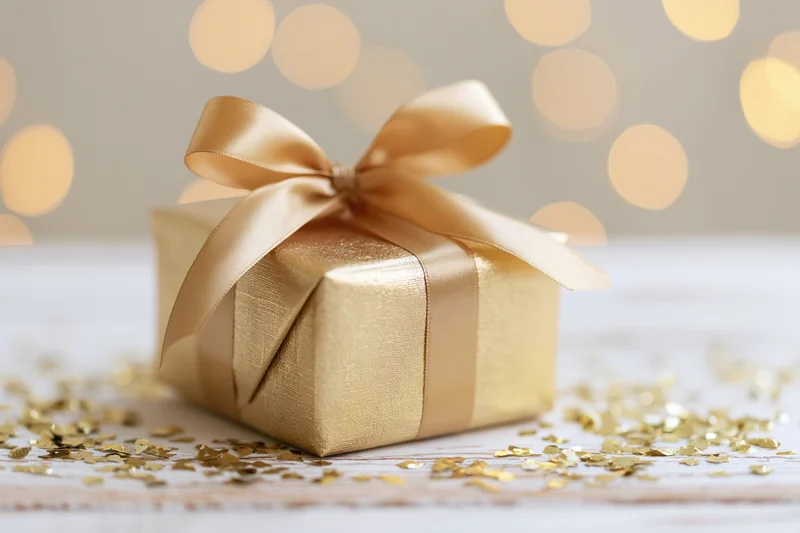 Gold-wrapped gift box with satin ribbon bow on wooden surface surrounded by glitter and bokeh lights