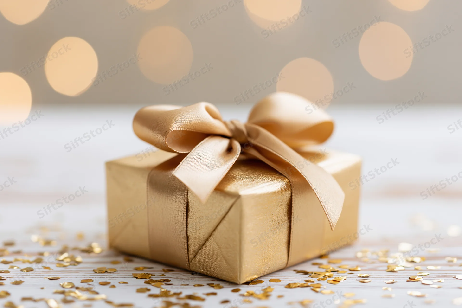 Gold-wrapped gift box with satin ribbon bow on wooden table surrounded by glitter and bokeh lights