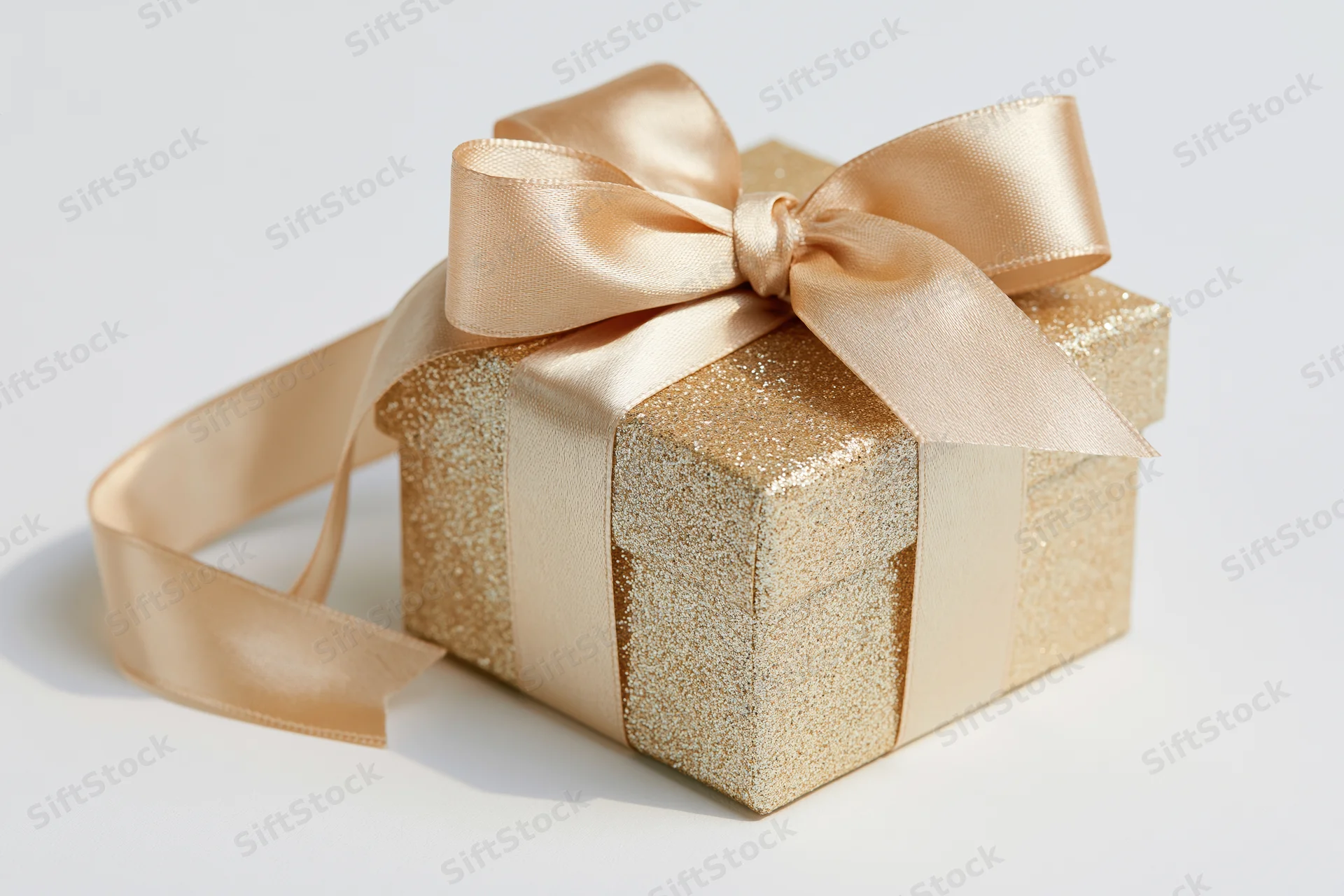 Gold glitter gift box wrapped with satin ribbon bow on white background