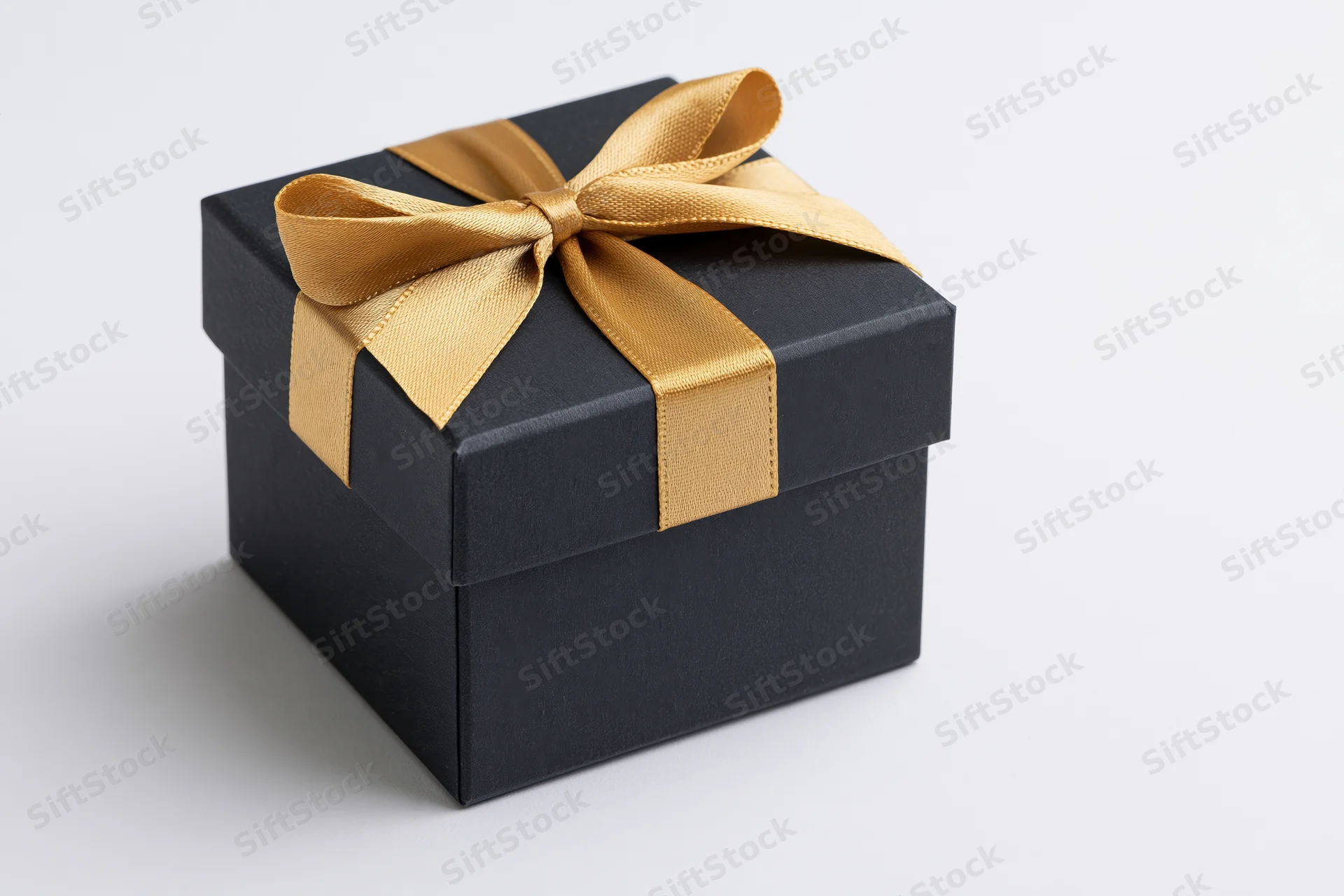 Matte black square gift box with gold satin ribbon bow on white background