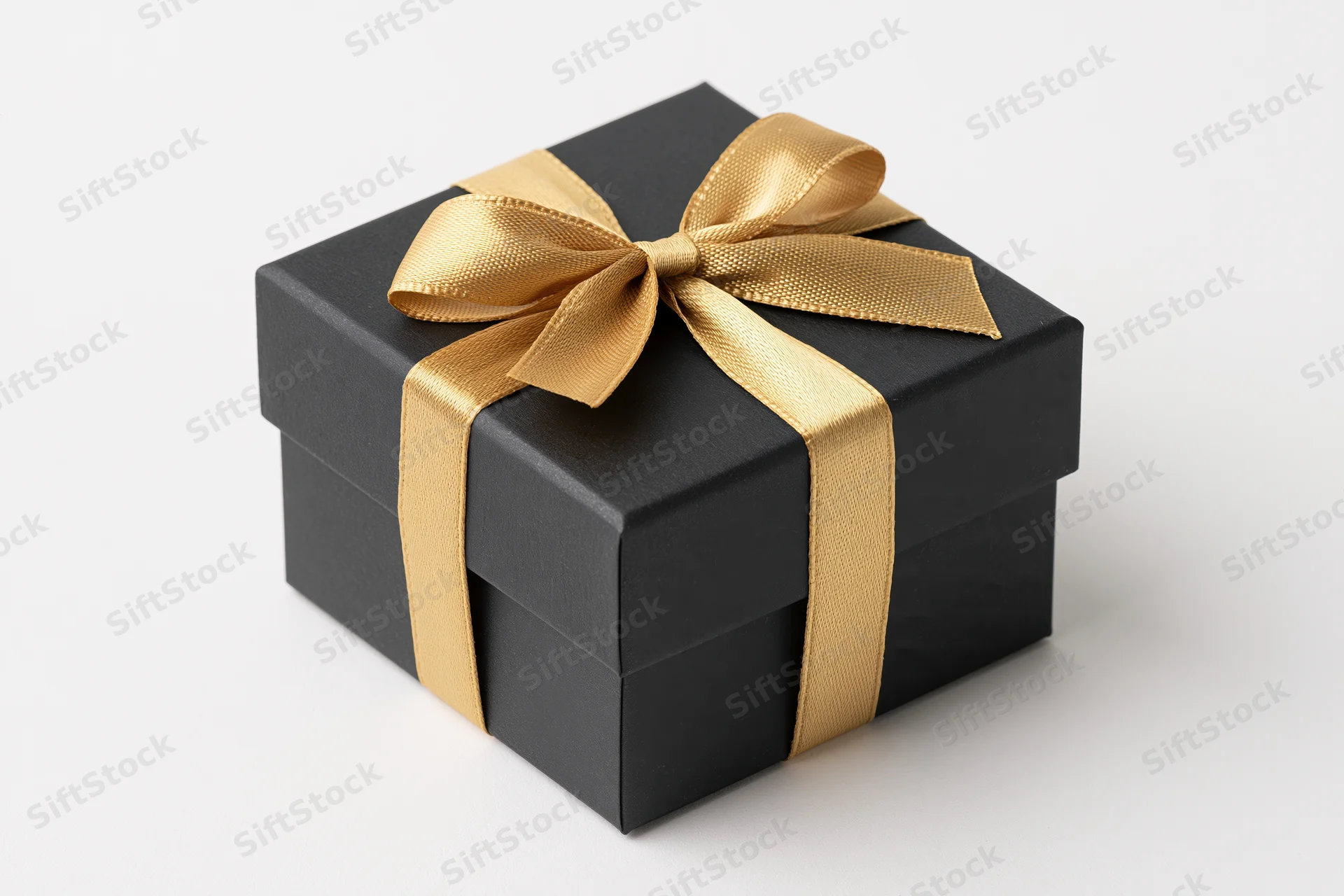 Matte black square gift box wrapped with gold satin ribbon on white background