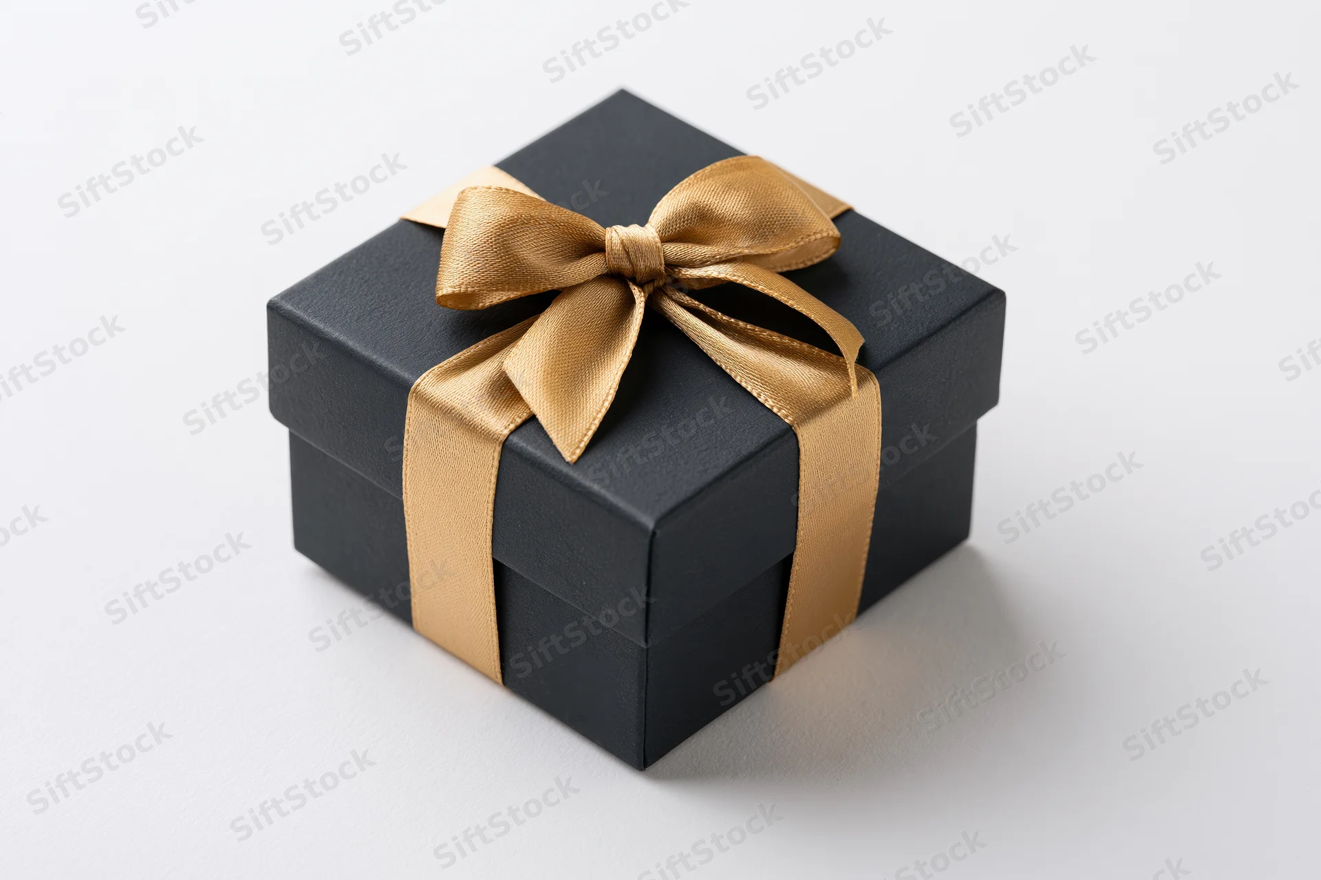 Matte black square gift box with gold satin ribbon bow on white surface