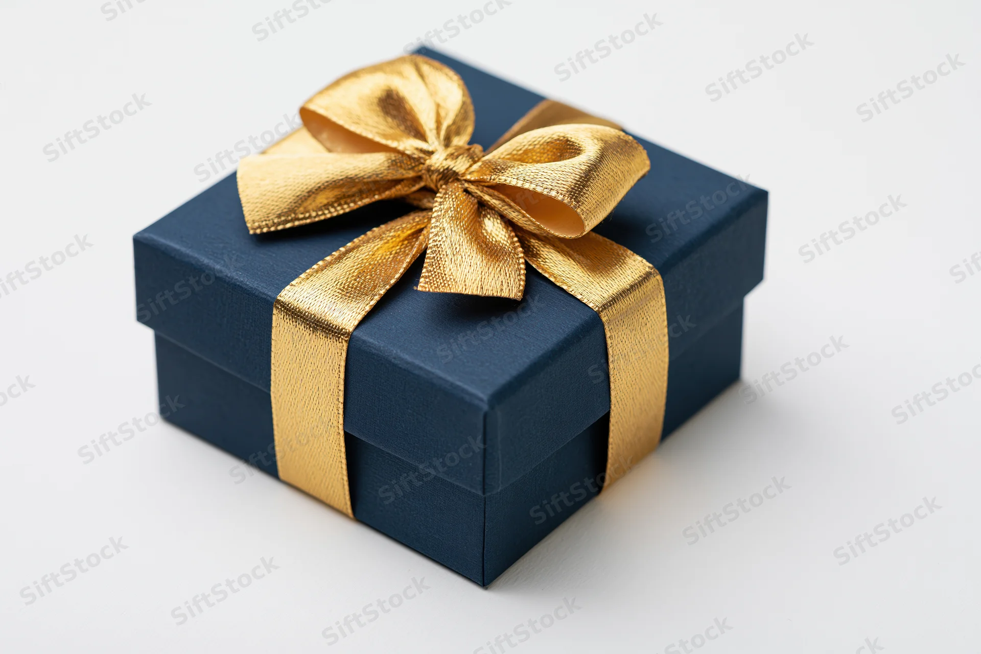 Navy gift box with gold satin ribbon bow on white background