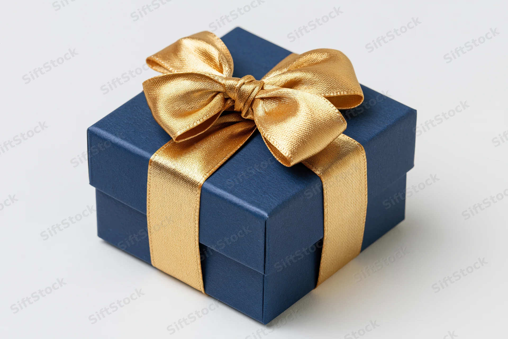 Navy gift box with gold satin ribbon bow on white background