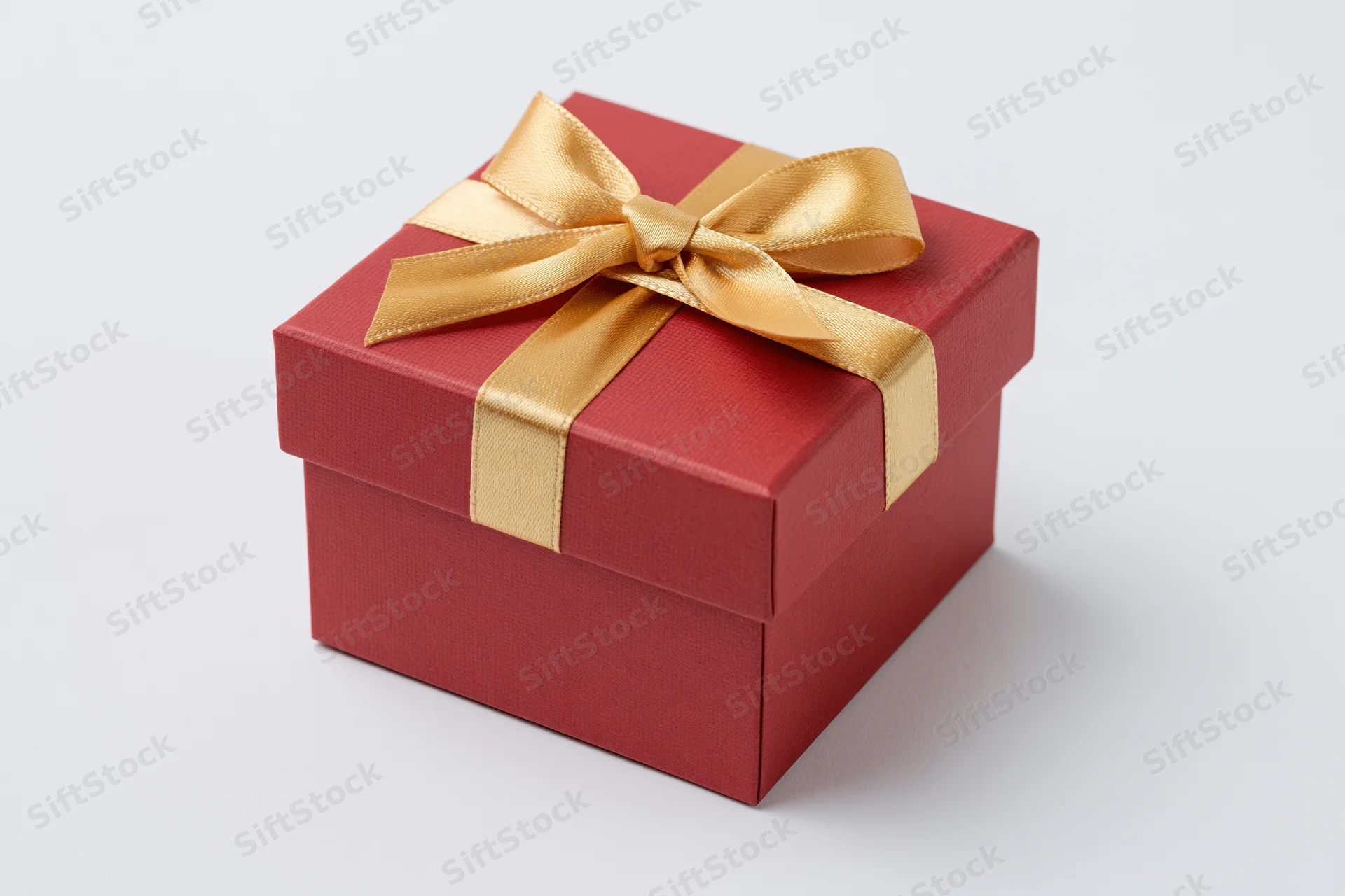 Red gift box wrapped with gold satin ribbon on white background