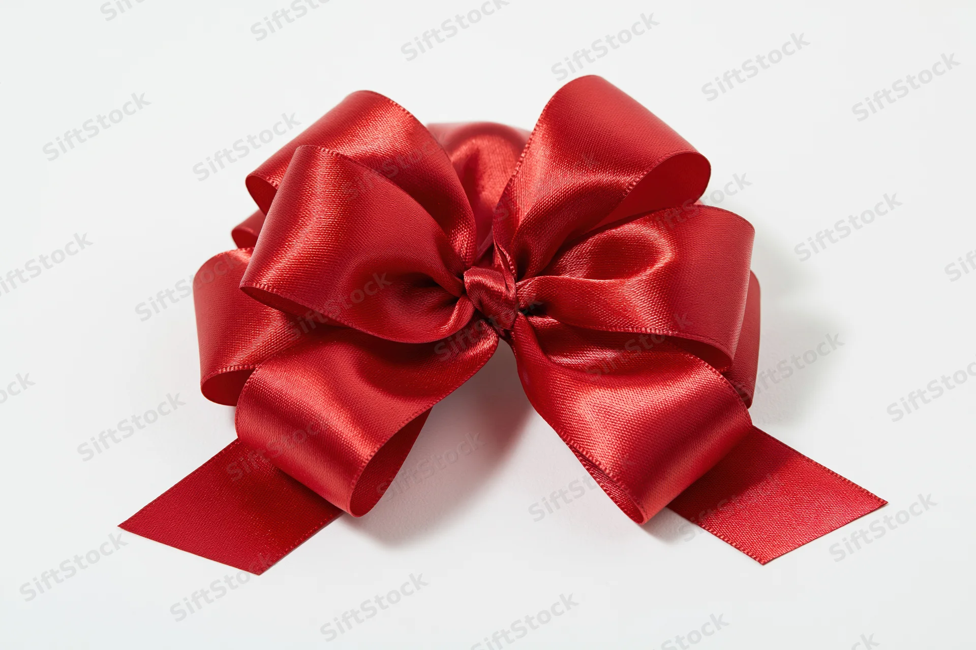 Red satin gift bow with multiple loops on white background