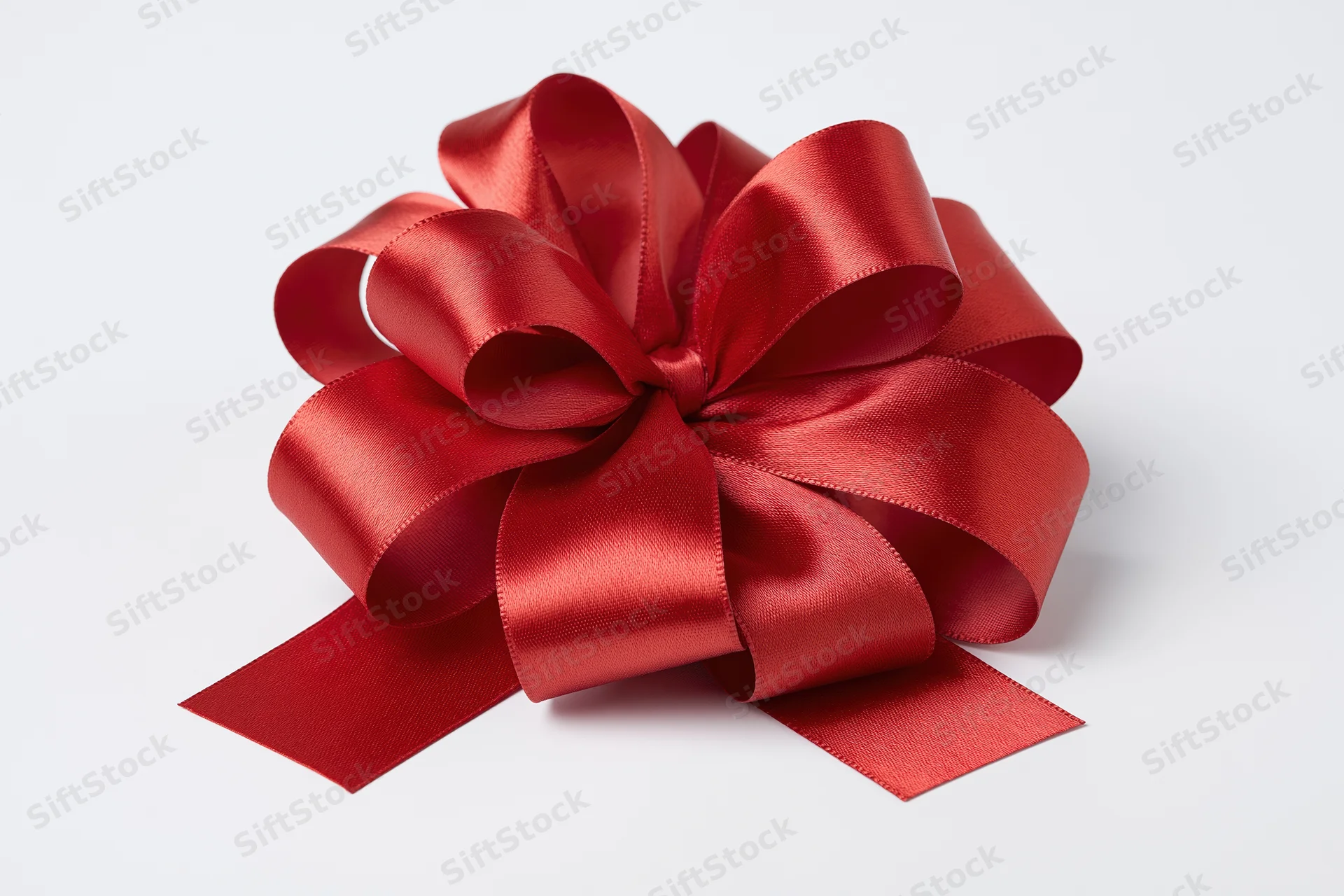 Red satin gift bow with multiple loops on white background