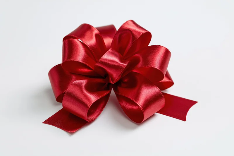 Red satin gift bow with multiple loops on white background