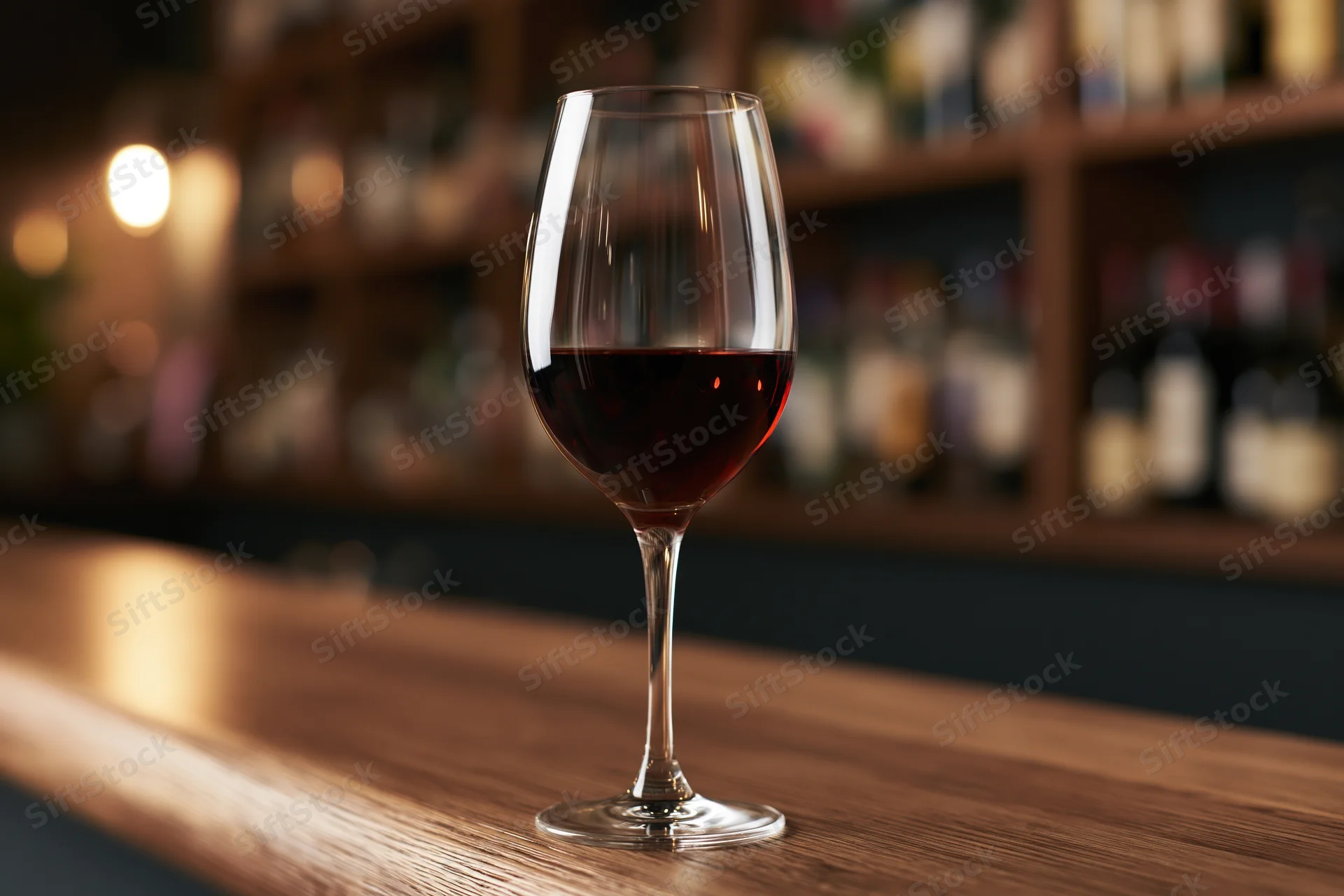 Wine glass half-filled with red wine on wooden bar counter in dimly lit restaurant interior