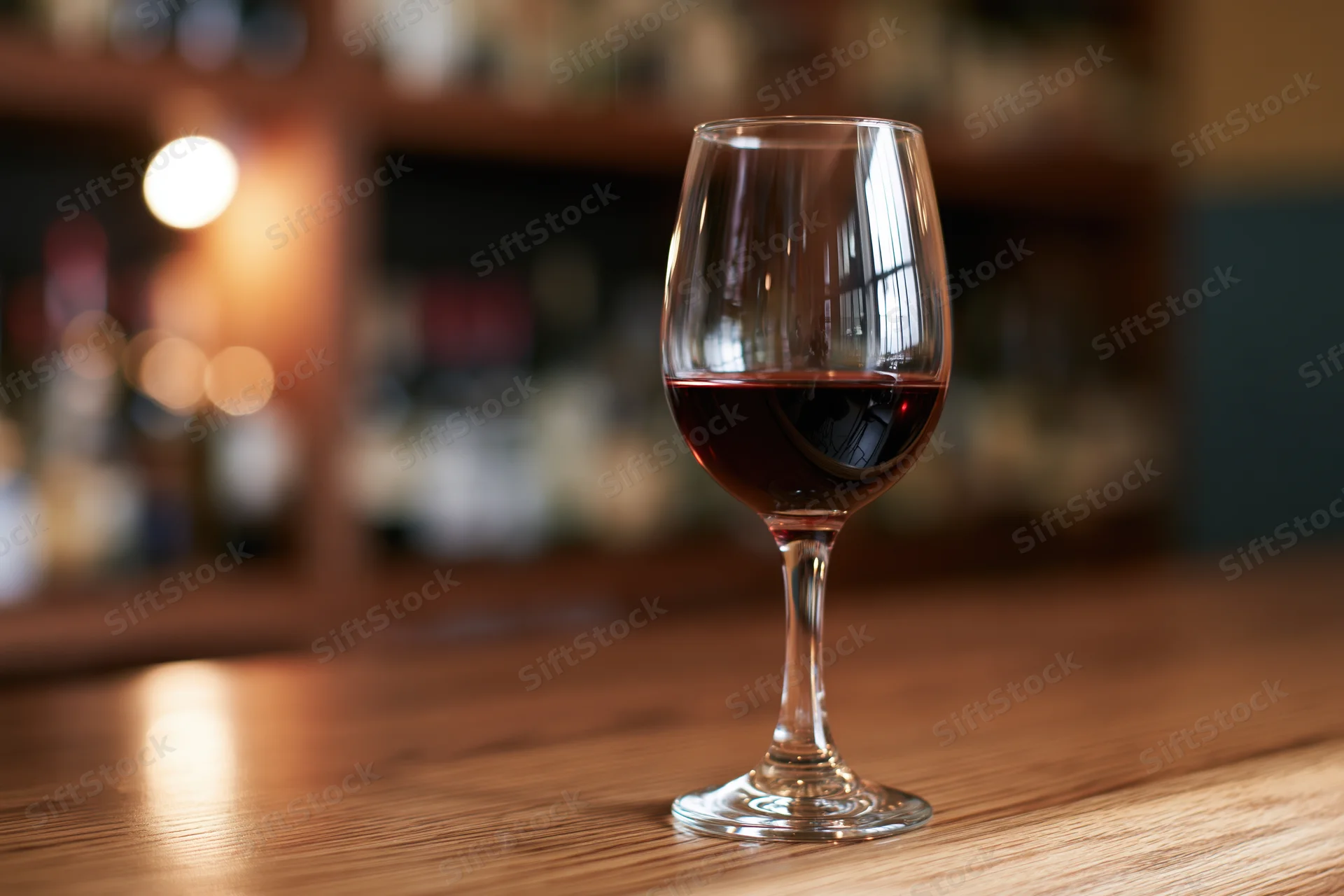 Wine glass half-filled with red wine on wooden bar table in dimly lit restaurant