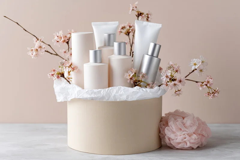 Skincare gift set arranged in a round beige box with cherry blossoms and a loofah beside it