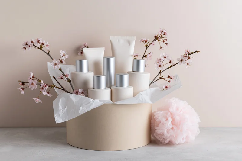 Skincare gift set arranged in a round beige box with cherry blossoms and beauty products inside