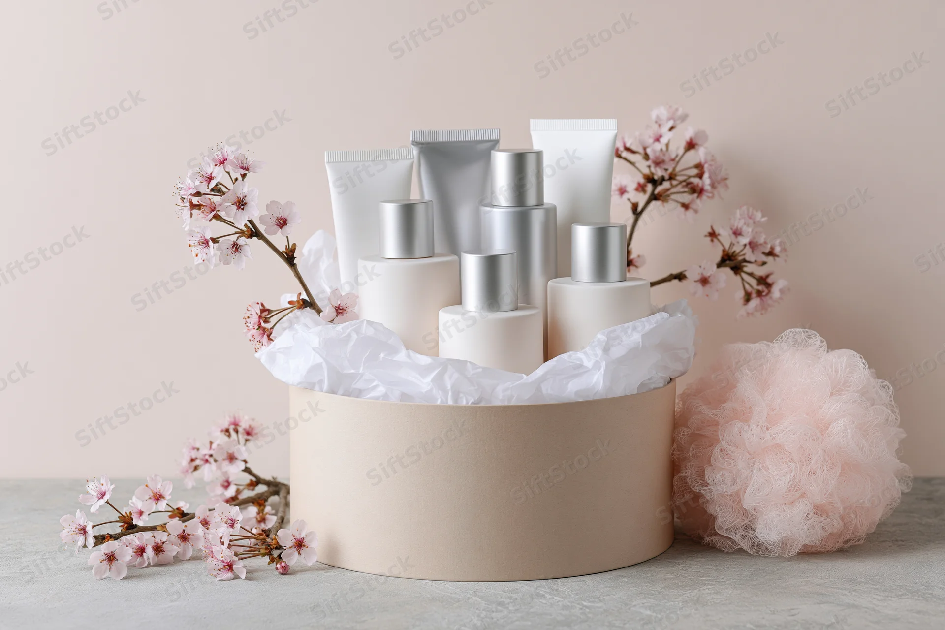 Skincare gift set arranged in a round beige box filled with cream tubes and bottles, surrounded by cherry blossoms and a pink loofah on a light surface