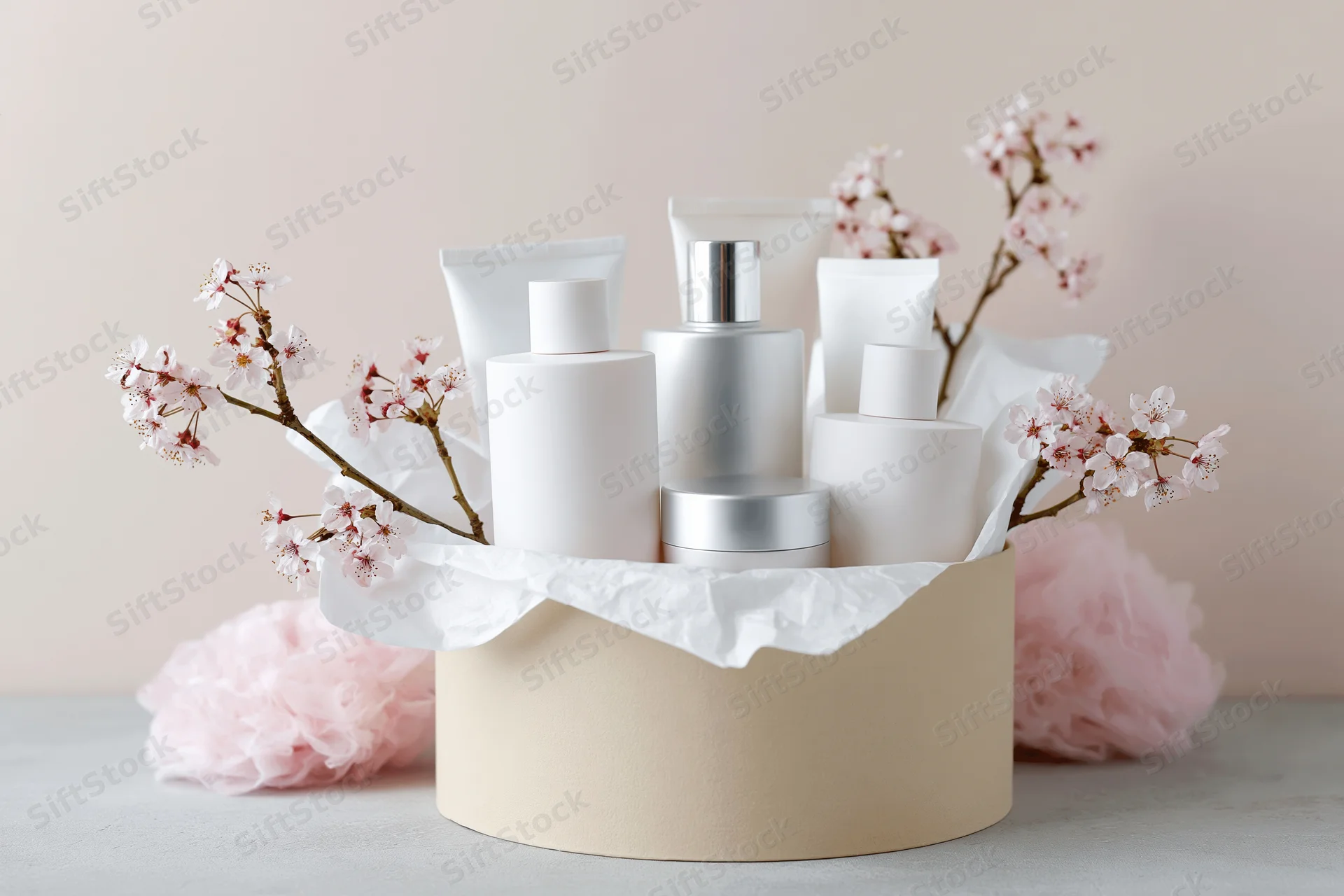 Skincare gift set arranged in a round beige box with cherry blossoms and tissue paper