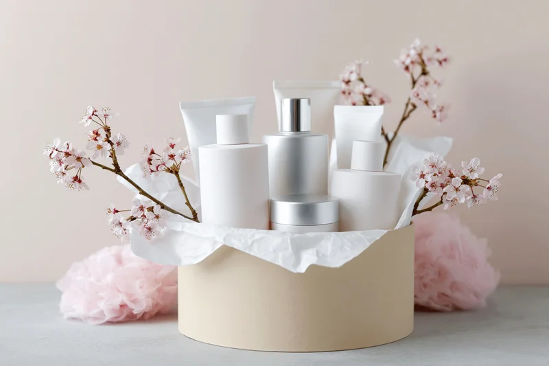 Skincare gift set arranged in a round beige box with cherry blossoms and tissue paper