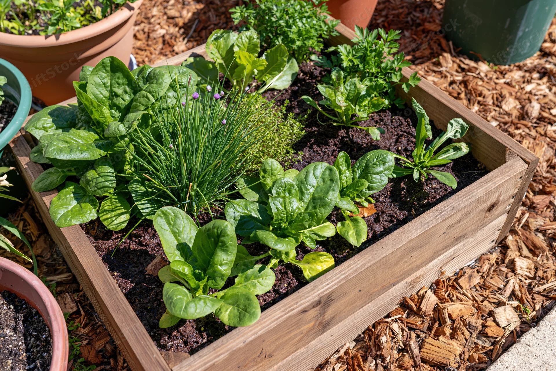 Raised wooden garden bed with spinach and chives growing in soil surrounded by mulch