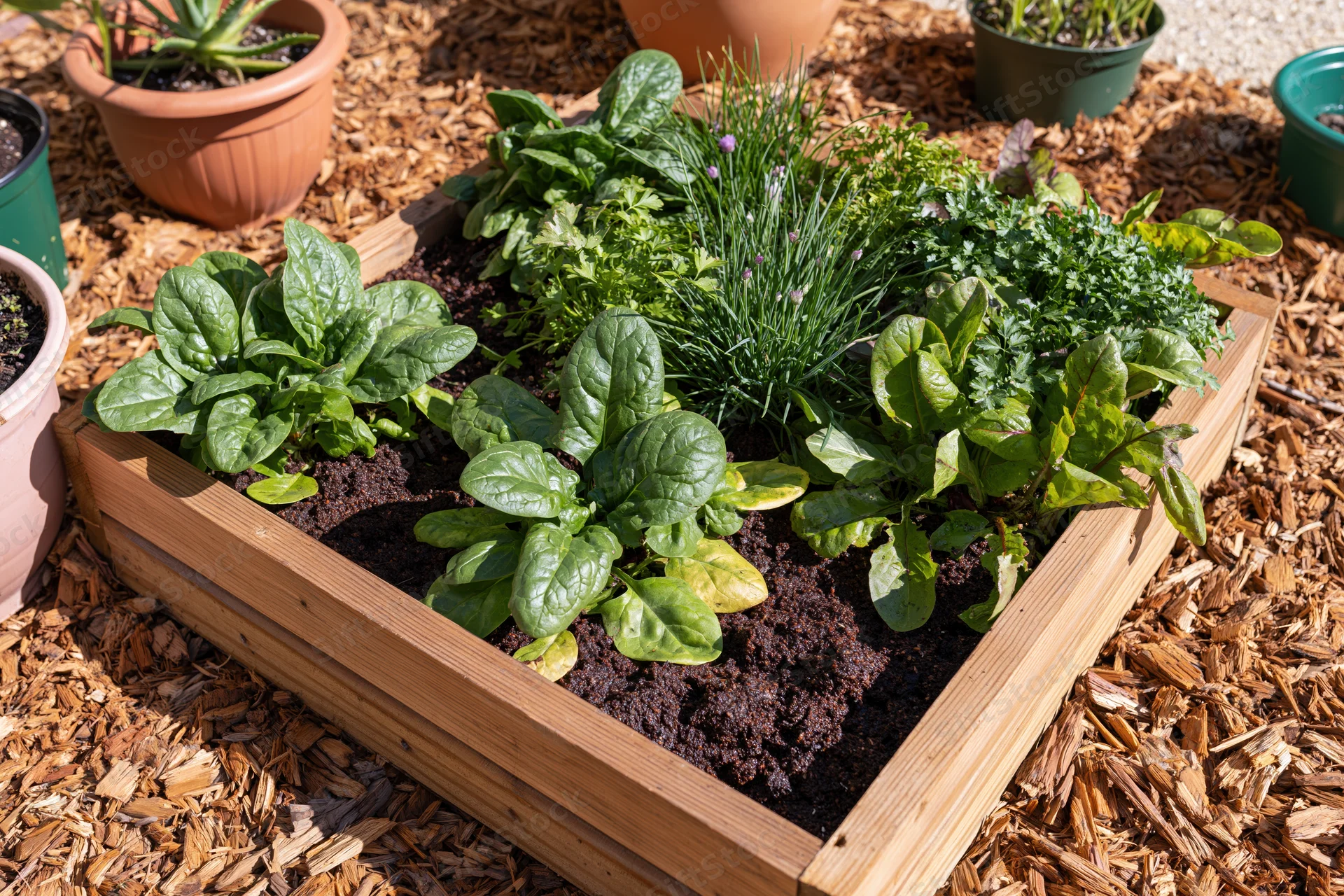 Raised wooden garden bed filled with spinach and chives in a mulched backyard setting