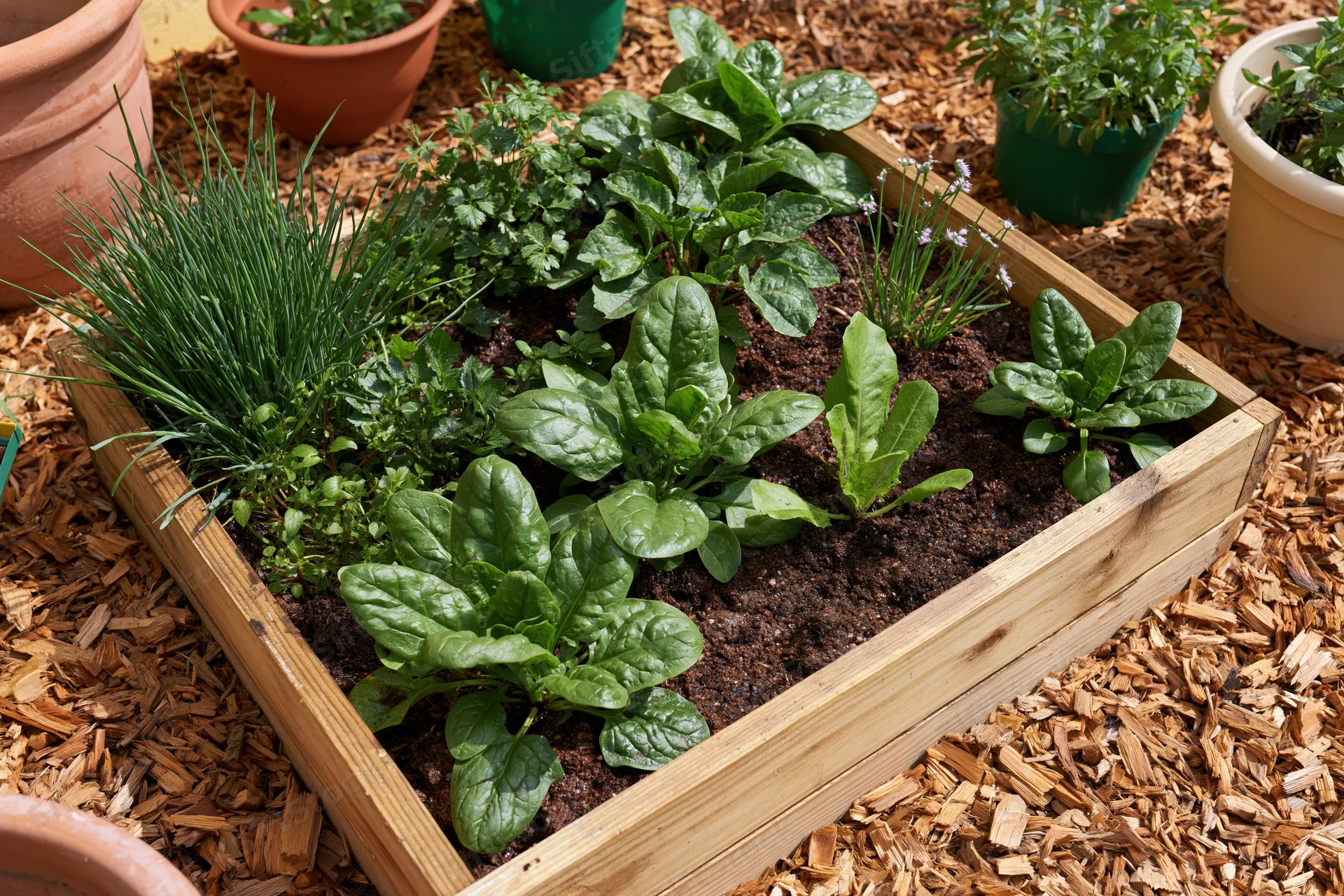 Raised wooden garden bed with spinach and chives growing in soil surrounded by mulch and potted plants