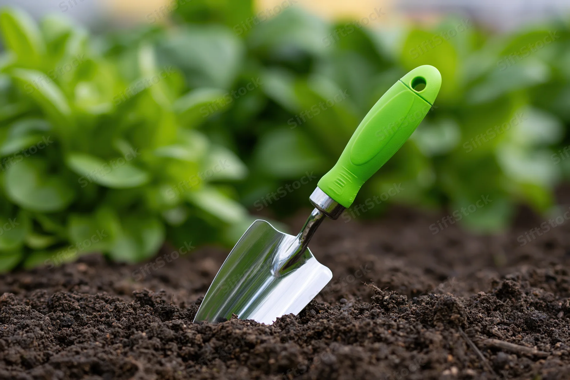 Small garden trowel with green rubber handle stuck in soil near leafy plants