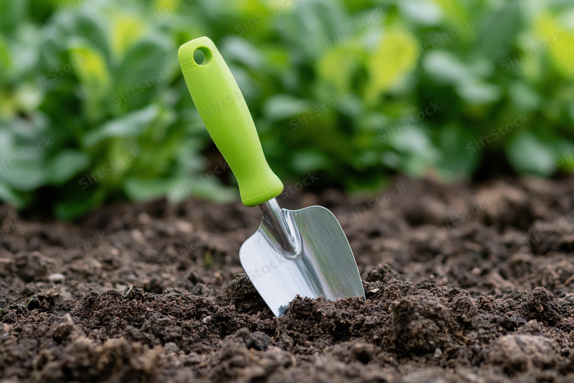 Small garden trowel with green rubber handle stuck in soil near leafy vegetables
