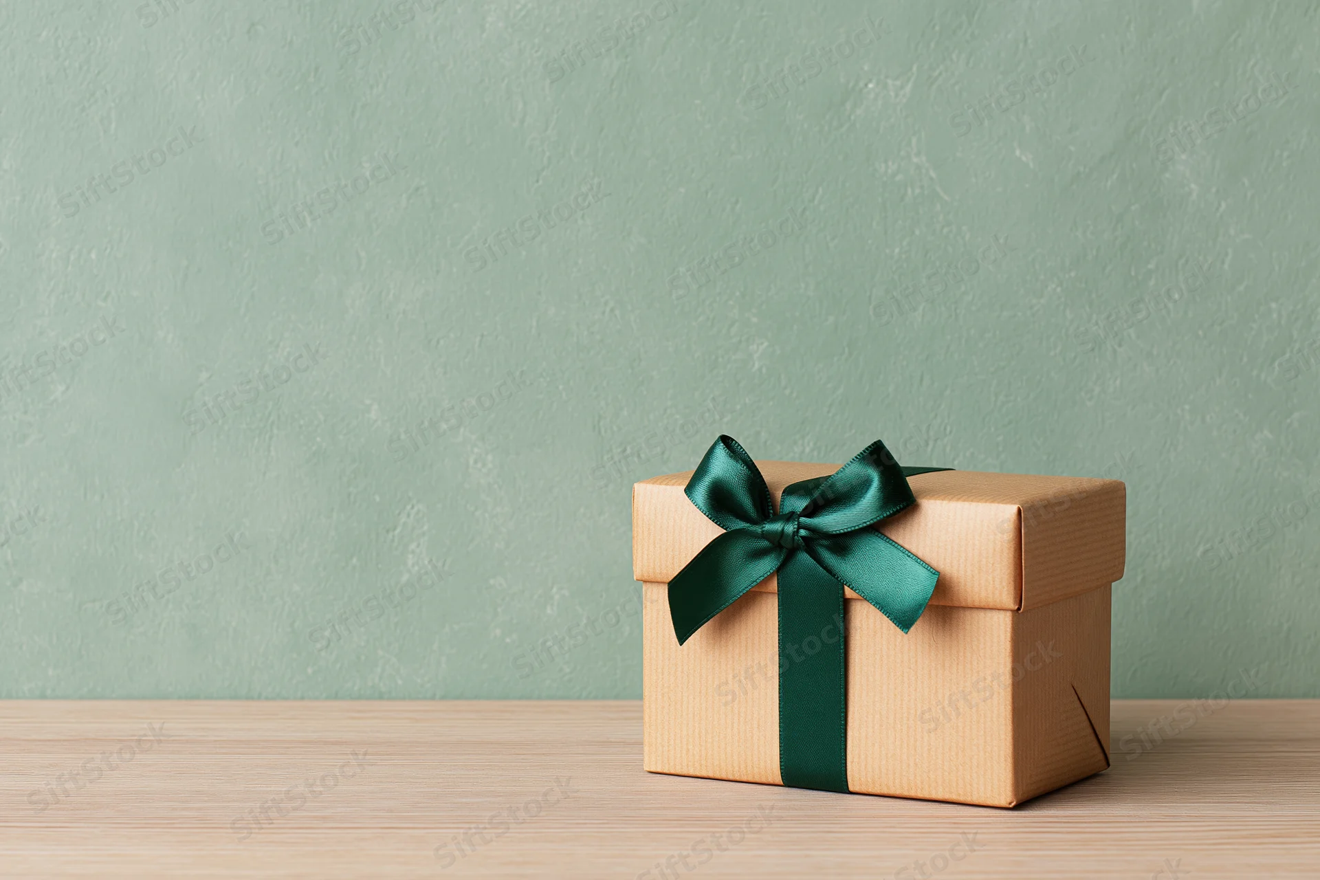 Small gift box wrapped in kraft paper with green ribbon on wooden table