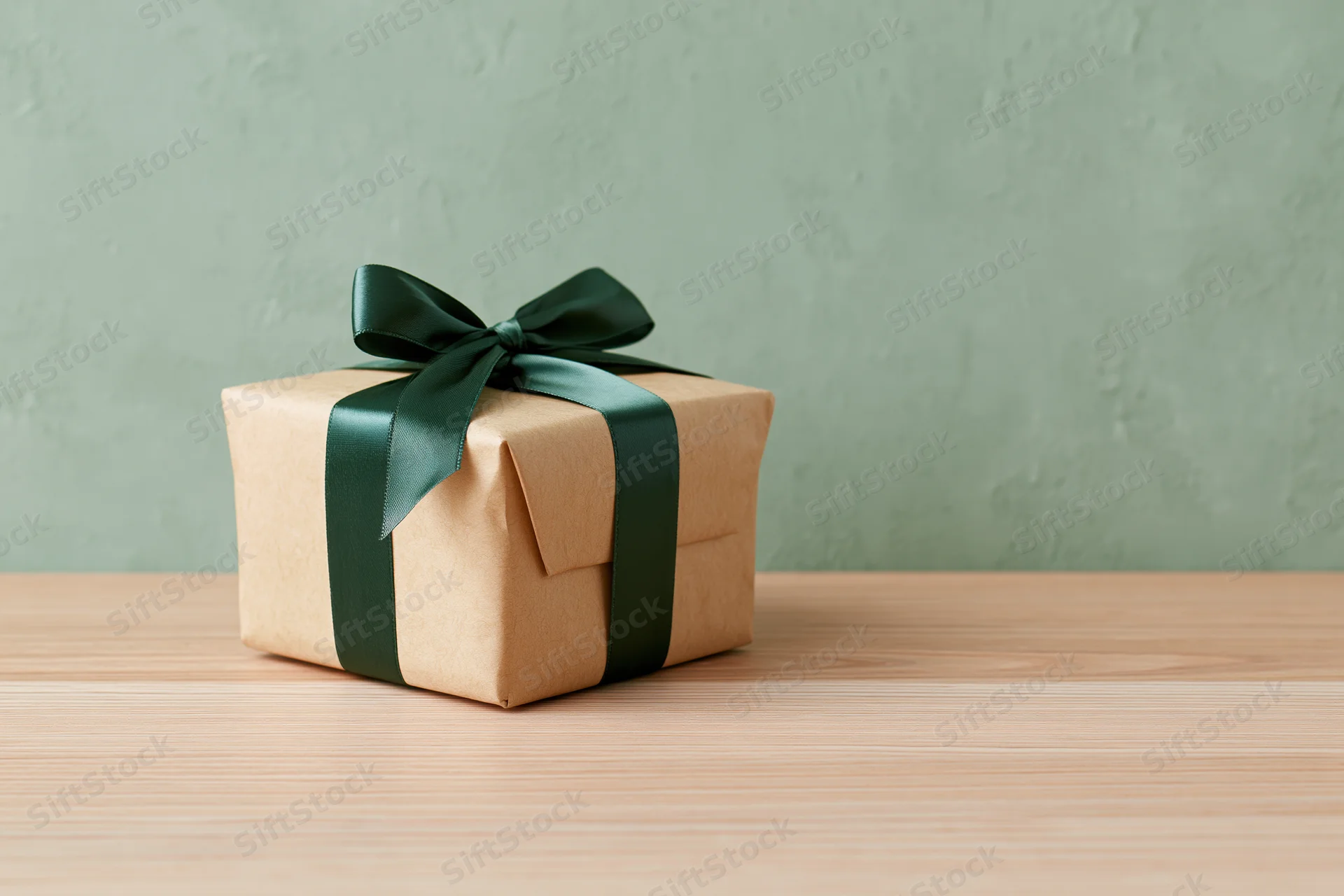 Small gift box wrapped in kraft paper with dark green ribbon bow on wooden table