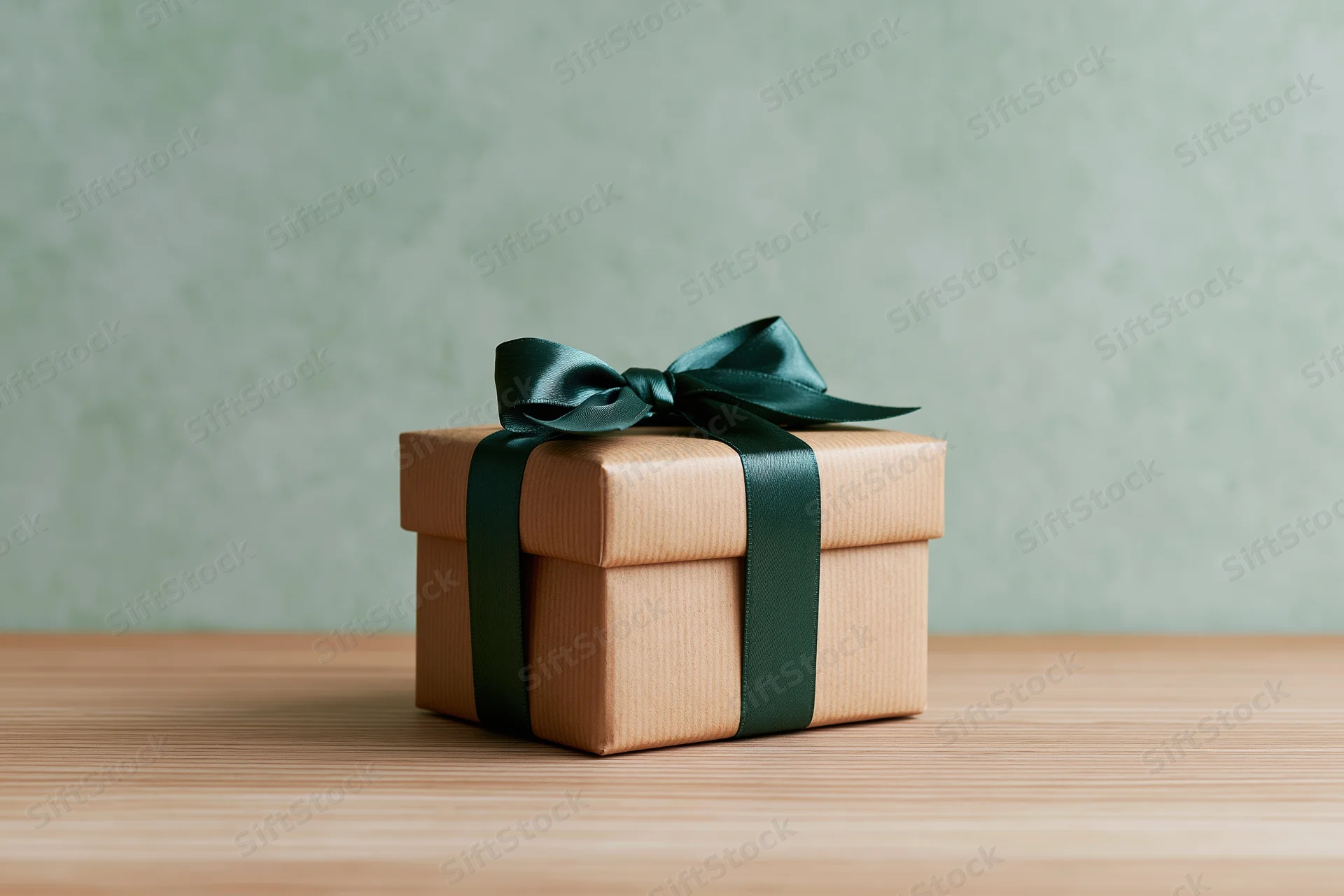Small gift box wrapped in kraft paper with green ribbon bow on wooden table