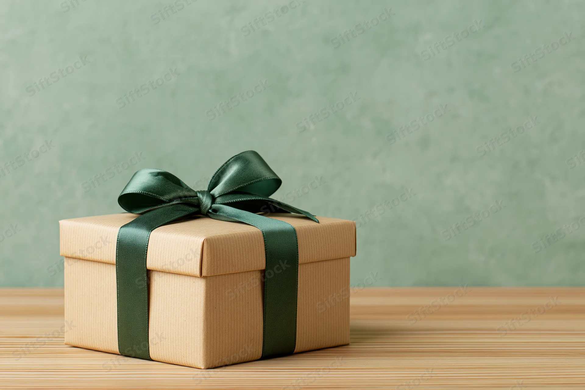 Small gift box wrapped in kraft paper with green ribbon bow on wooden table