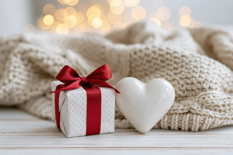 Small gift box with red ribbon and white heart ornament on knitted sweater with bokeh lights in background