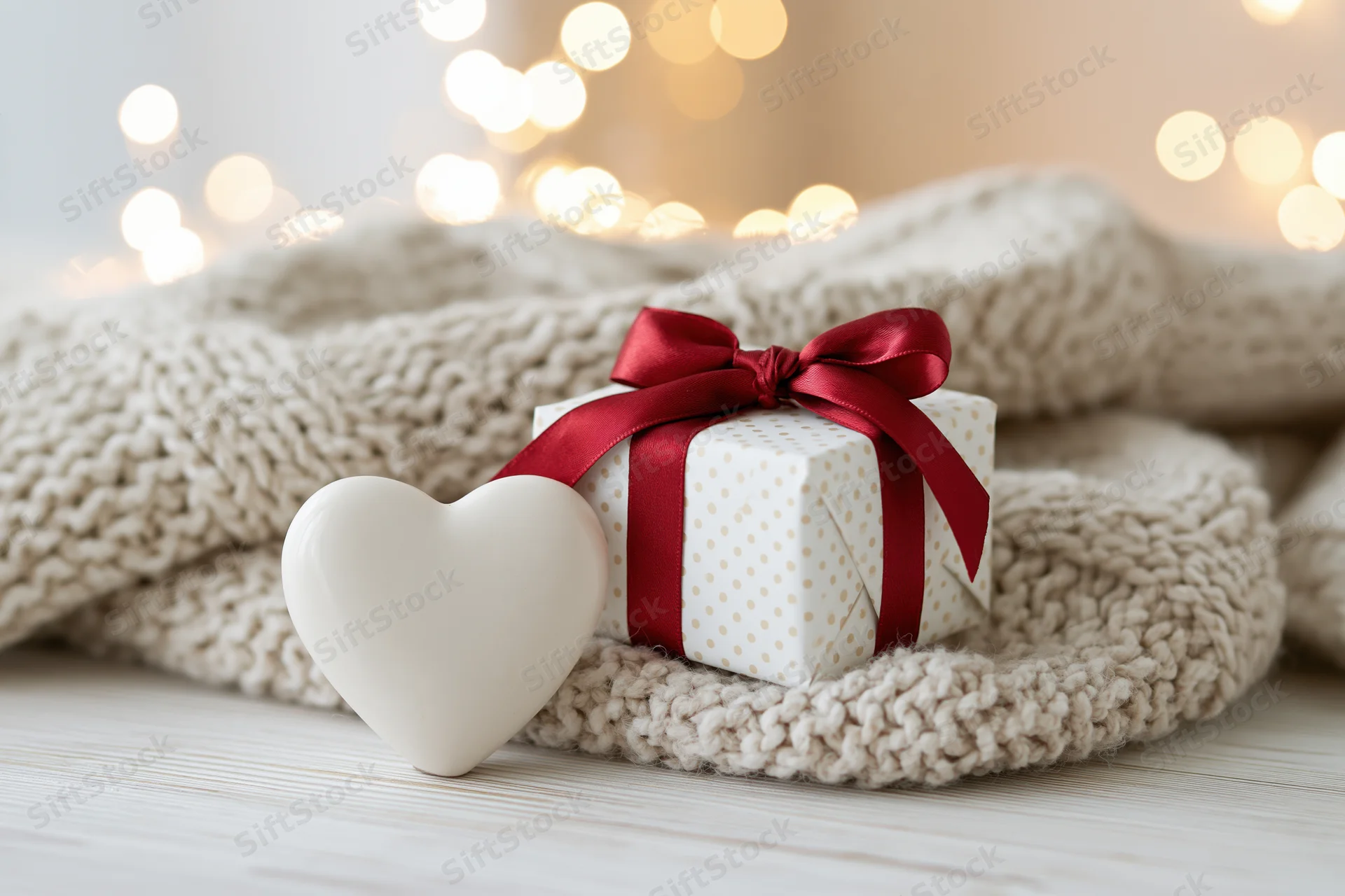 Small gift box with red ribbon and white heart on knitted sweater with bokeh lights behind