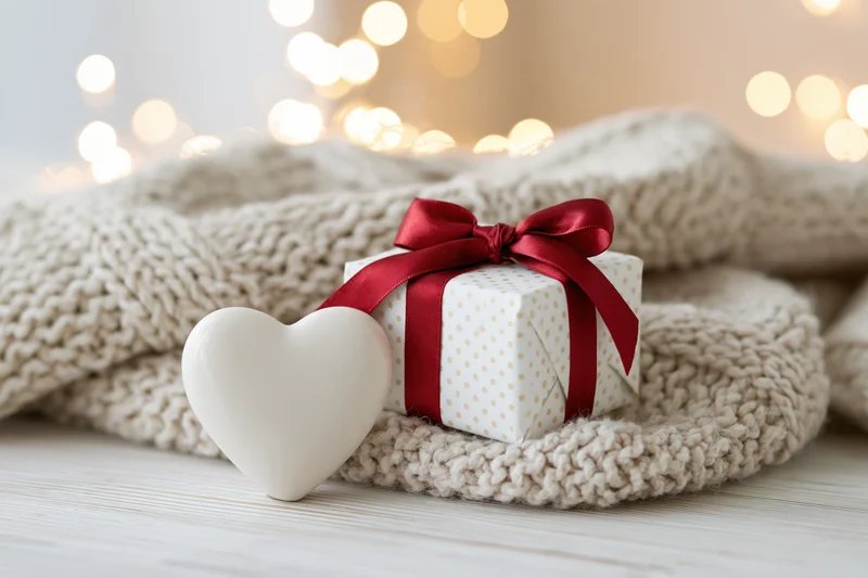 Small gift box with red ribbon and white heart on knitted sweater with bokeh lights behind