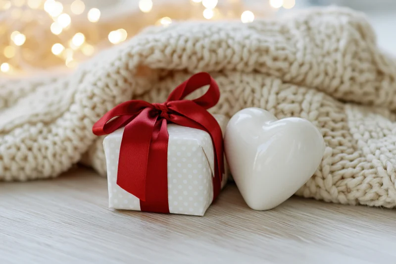 Small gift box wrapped in white polka-dot paper with red ribbon beside white heart ornament on knitted sweater and wooden table with blurred lights in background