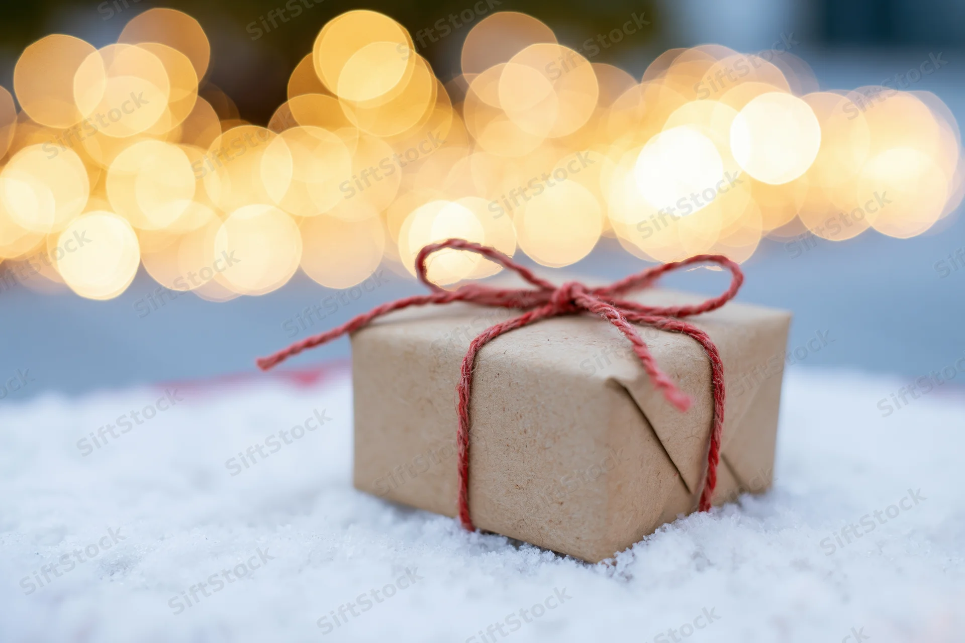 Small kraft paper gift box tied with red twine resting on snow with blurred golden lights in background