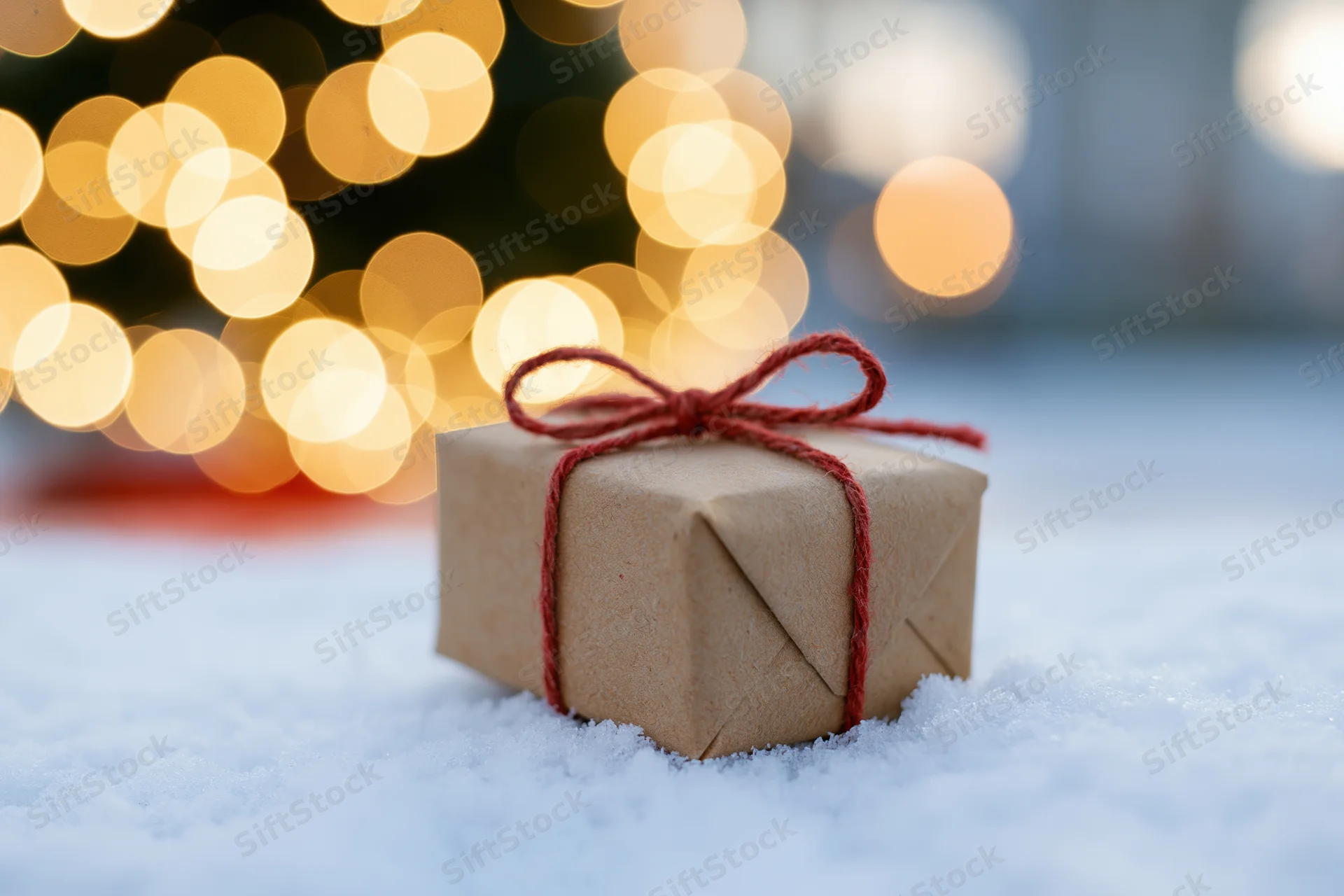 Small kraft paper gift box tied with red twine resting on snow with blurred holiday lights behind
