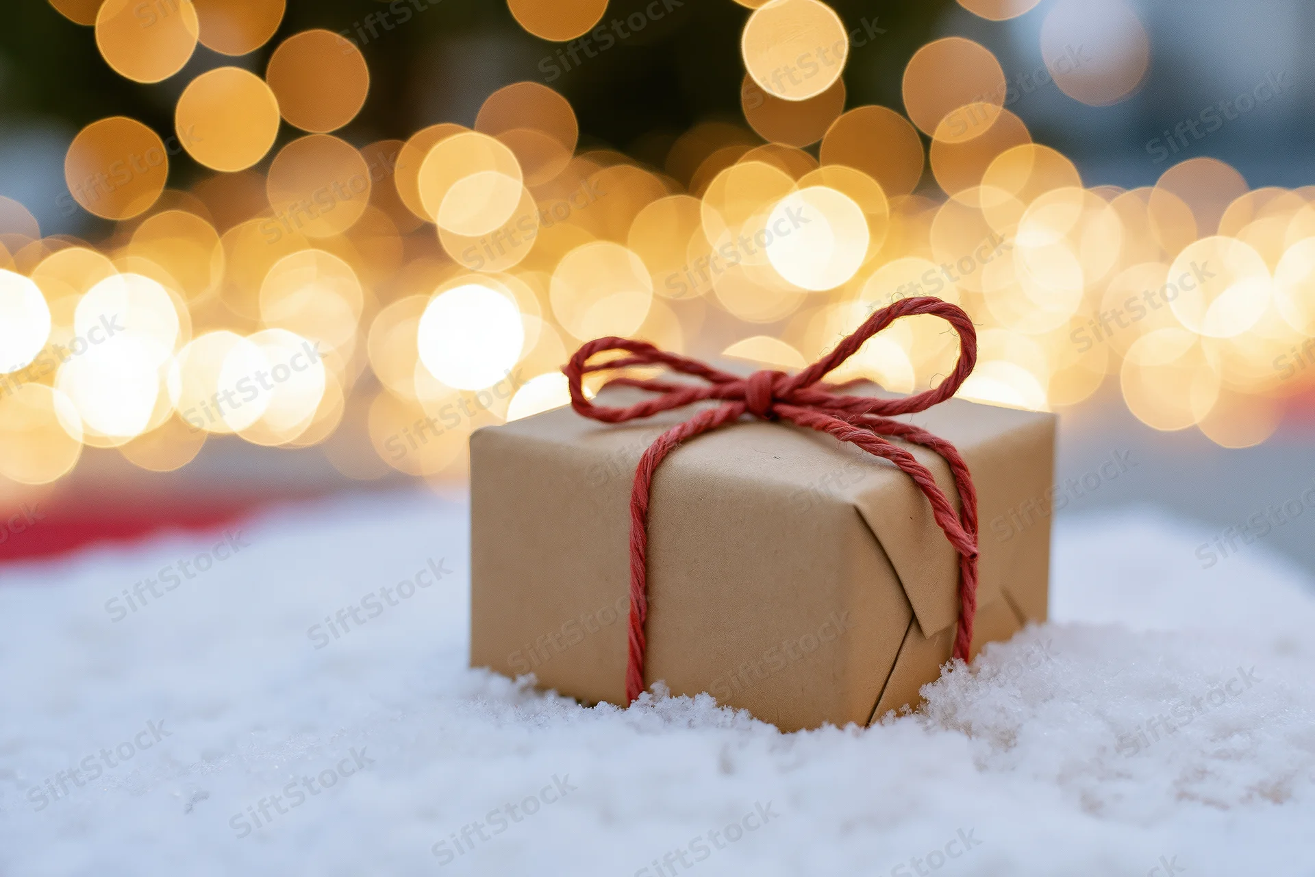 Small kraft paper gift box tied with red twine string sitting in snow with blurred golden lights in background